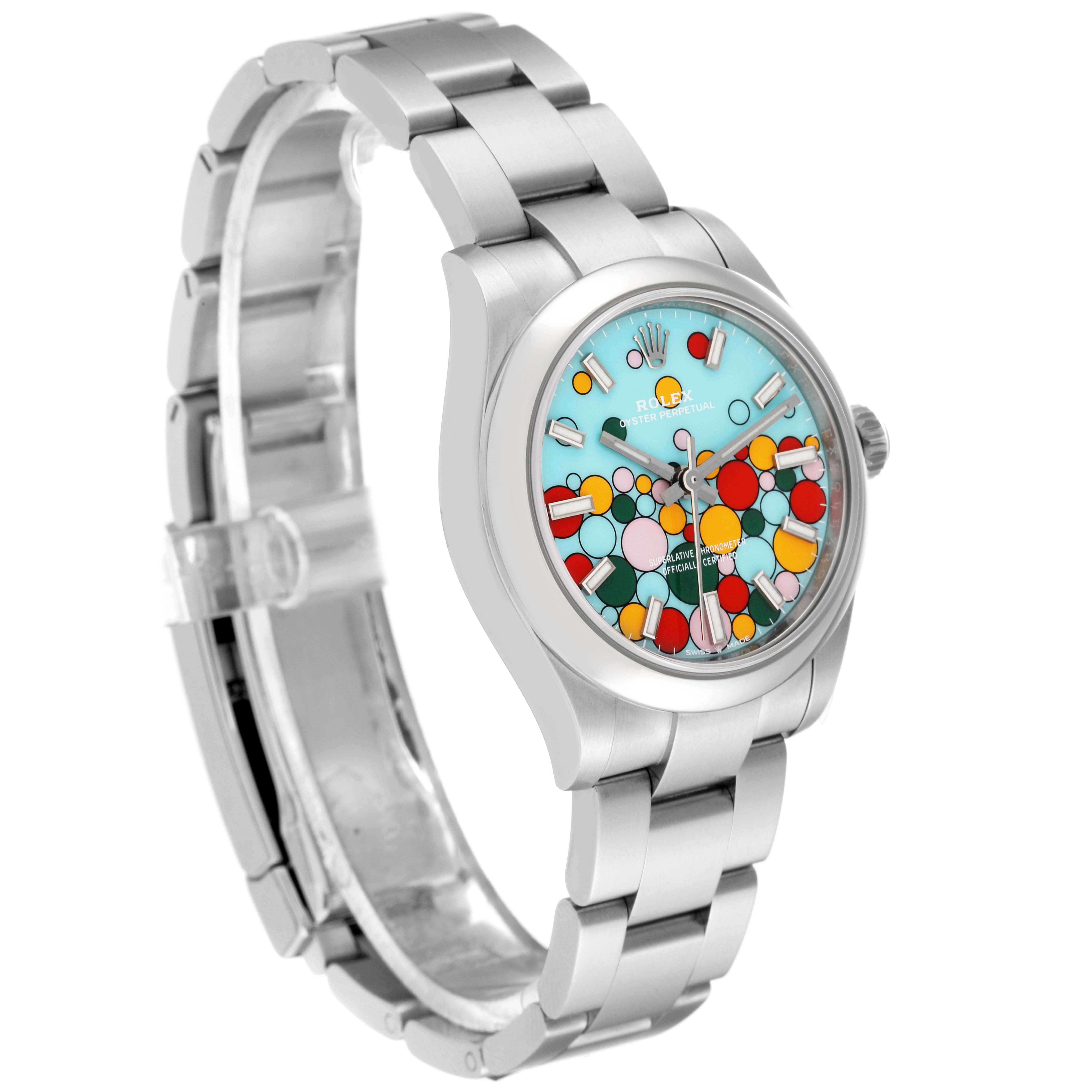 This image shows a Rolex Mid-Size 277200 Women
s Stainless Steel Blue Dial 277200 Women
s Stainless Steel Blue Dial model watch angled from the front-left, highlighting its unique colorful dial and stainless steel bracelet.