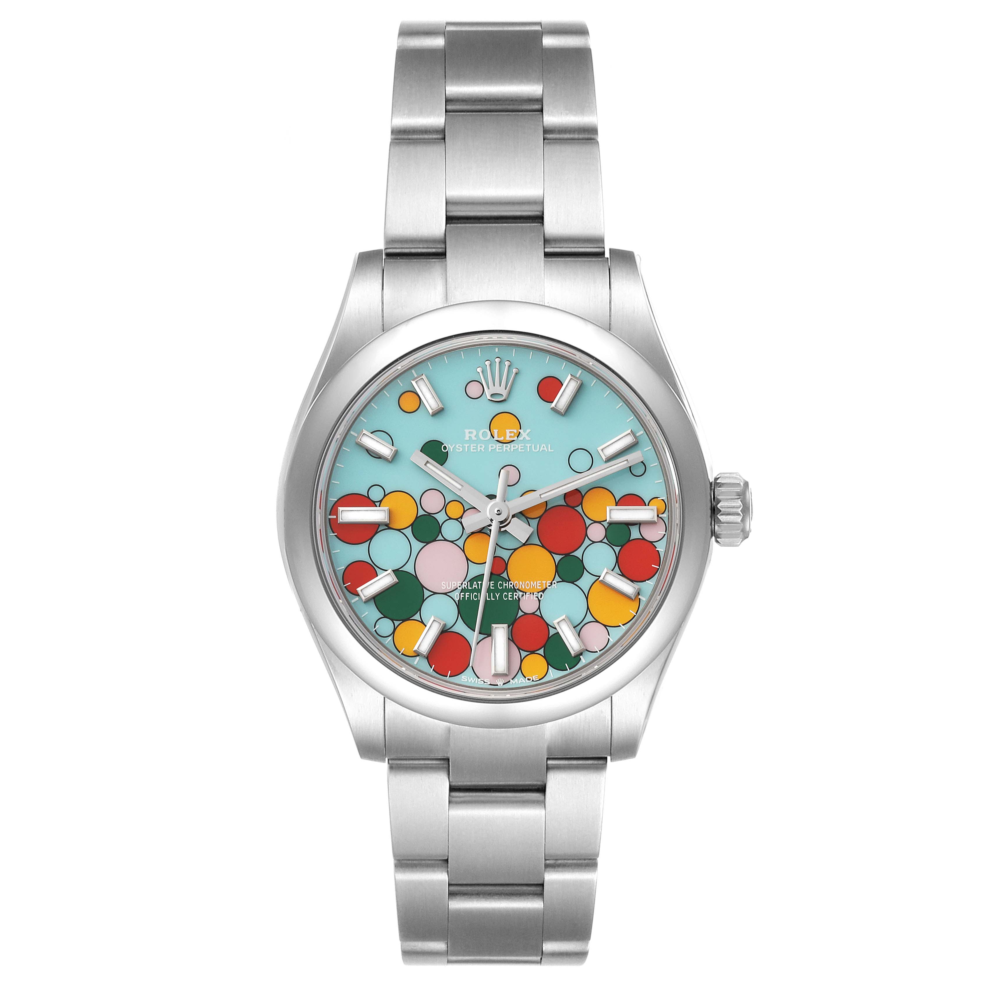 The image shows a front view of the Rolex Mid-Size 277200 Women
s Stainless Steel Blue Dial 277200 Women
s Stainless Steel Blue Dial watch, showcasing its colorful dial and stainless steel bracelet.