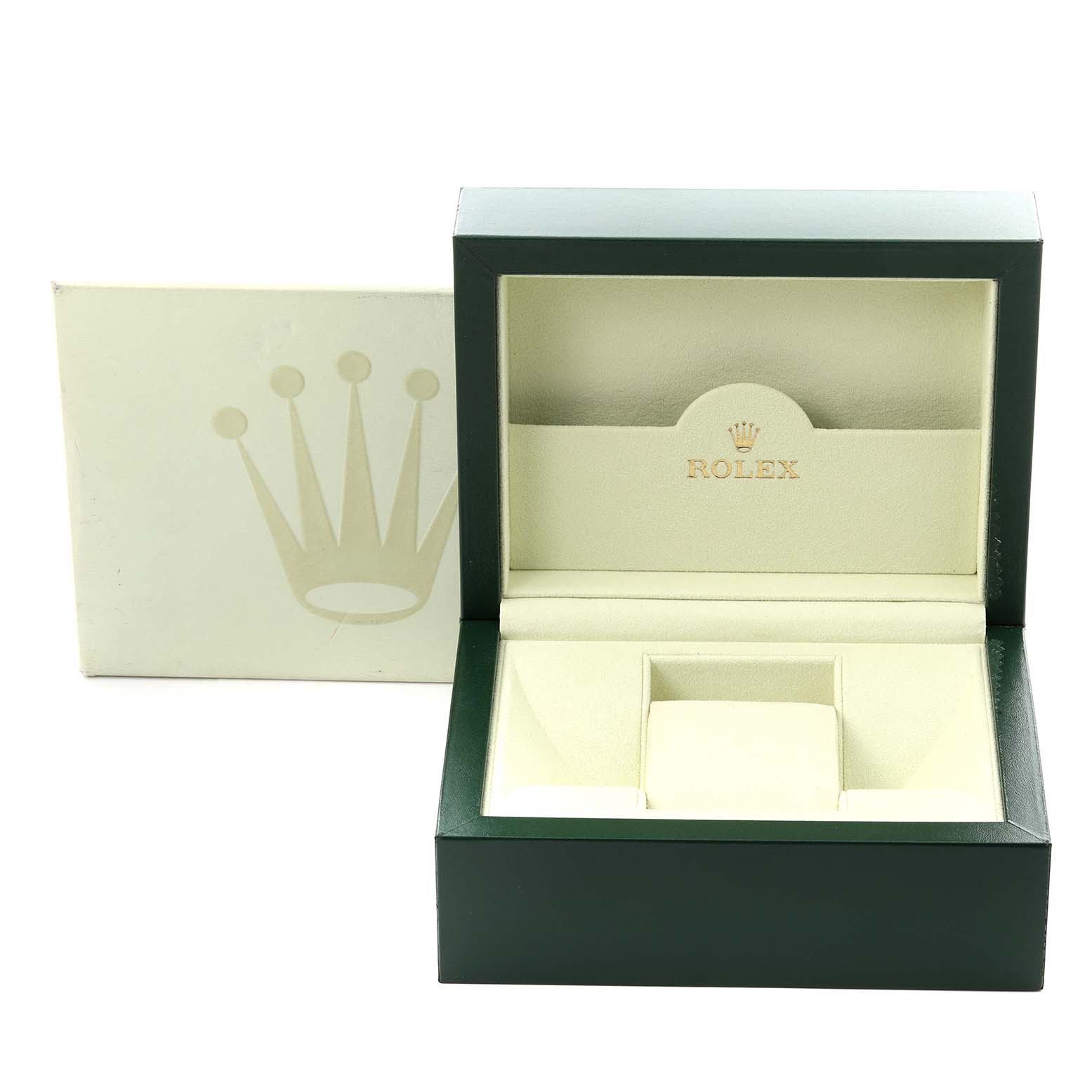 The image shows an open Rolex Oyster Perpetual 176200 Women's Stainless Steel Pink Dial 176200 Women's Stainless Steel Pink Dial watch box from a front angle, with the logo and cushion inside.