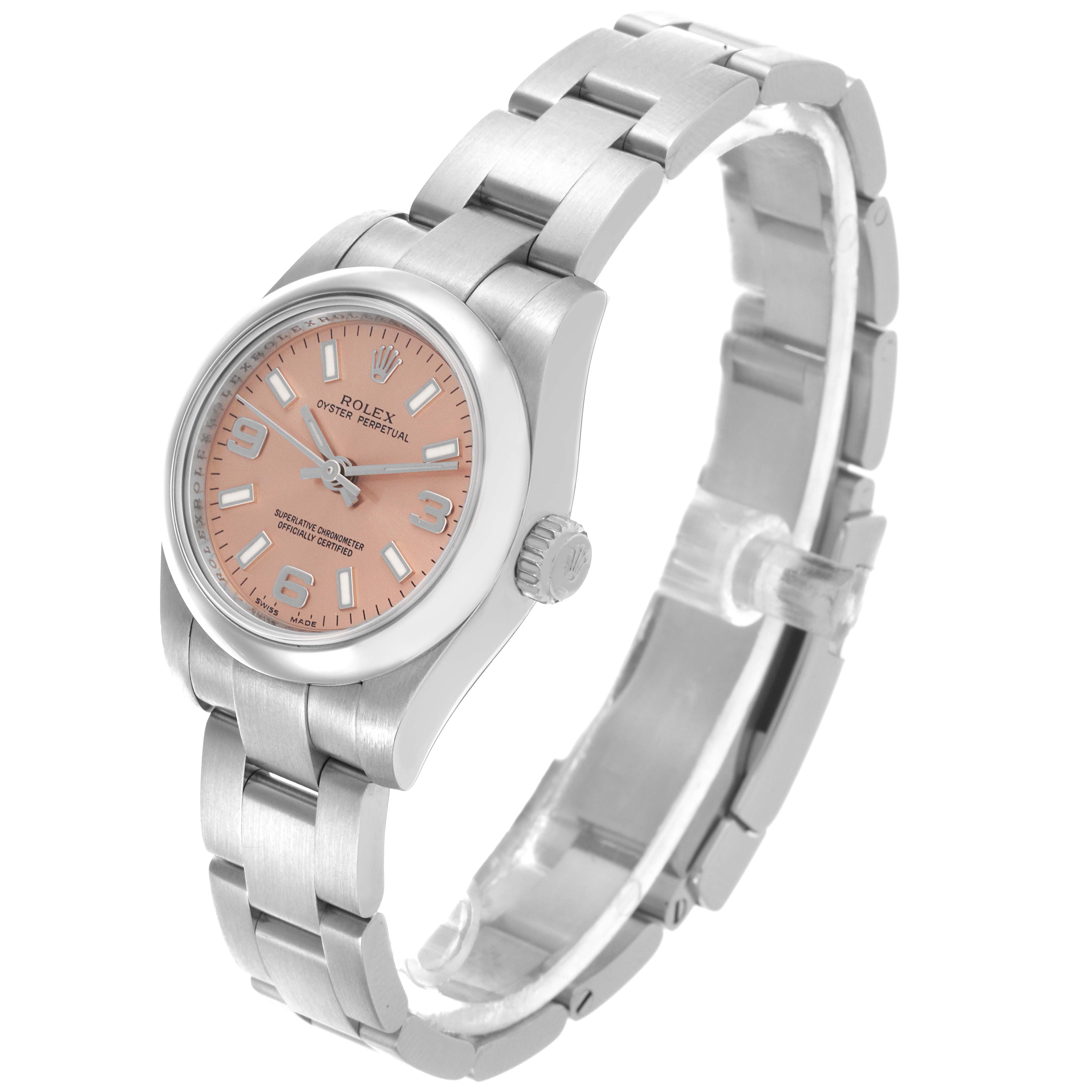 The Rolex Oyster Perpetual 176200 Women's Stainless Steel Pink Dial 176200 Women's Stainless Steel Pink Dial watch is shown at an angled view highlighting the dial, case, and bracelet.