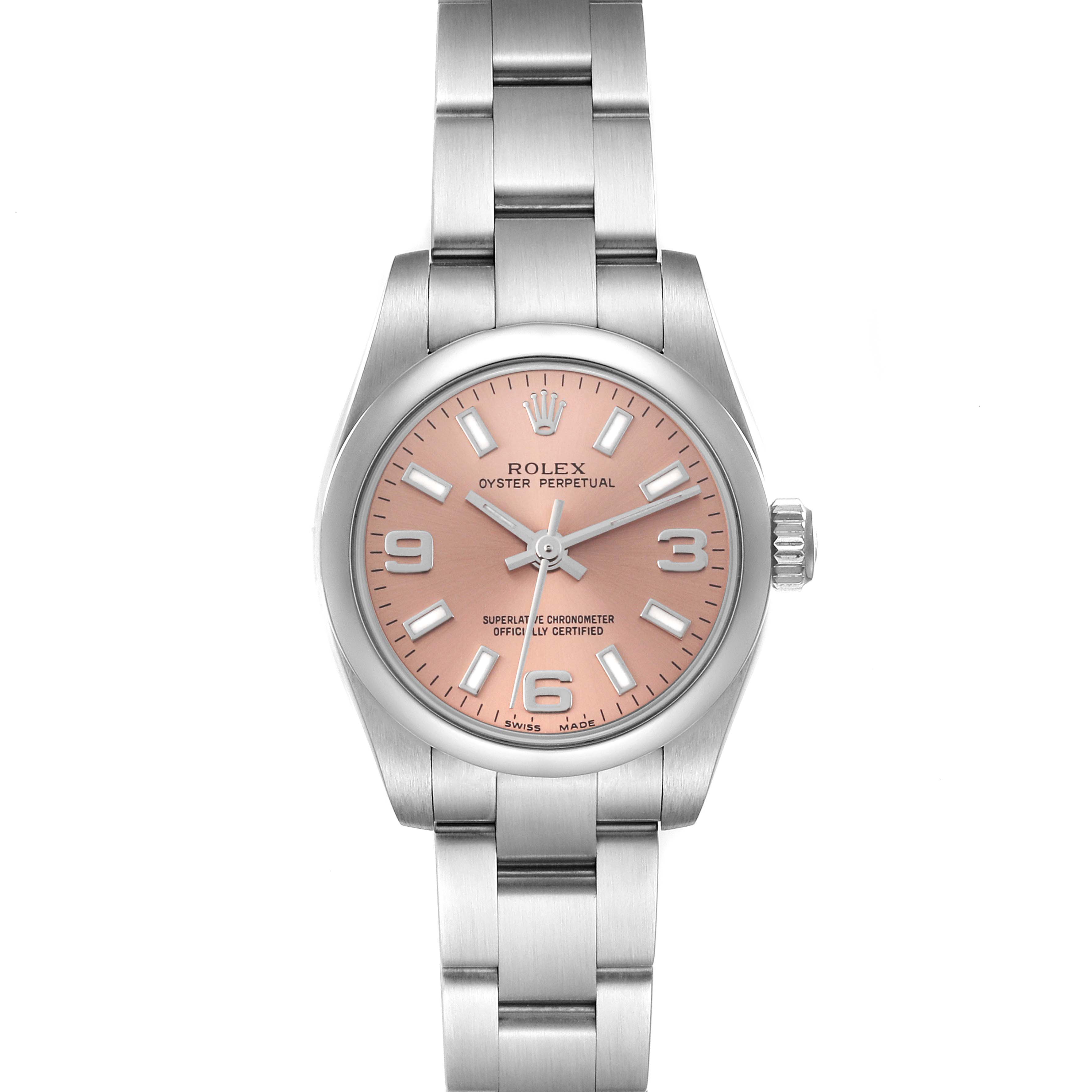 The Rolex Oyster Perpetual 176200 Women's Stainless Steel Pink Dial 176200 Women's Stainless Steel Pink Dial watch is shown from the front, displaying its dial, case, bezel, and bracelet.