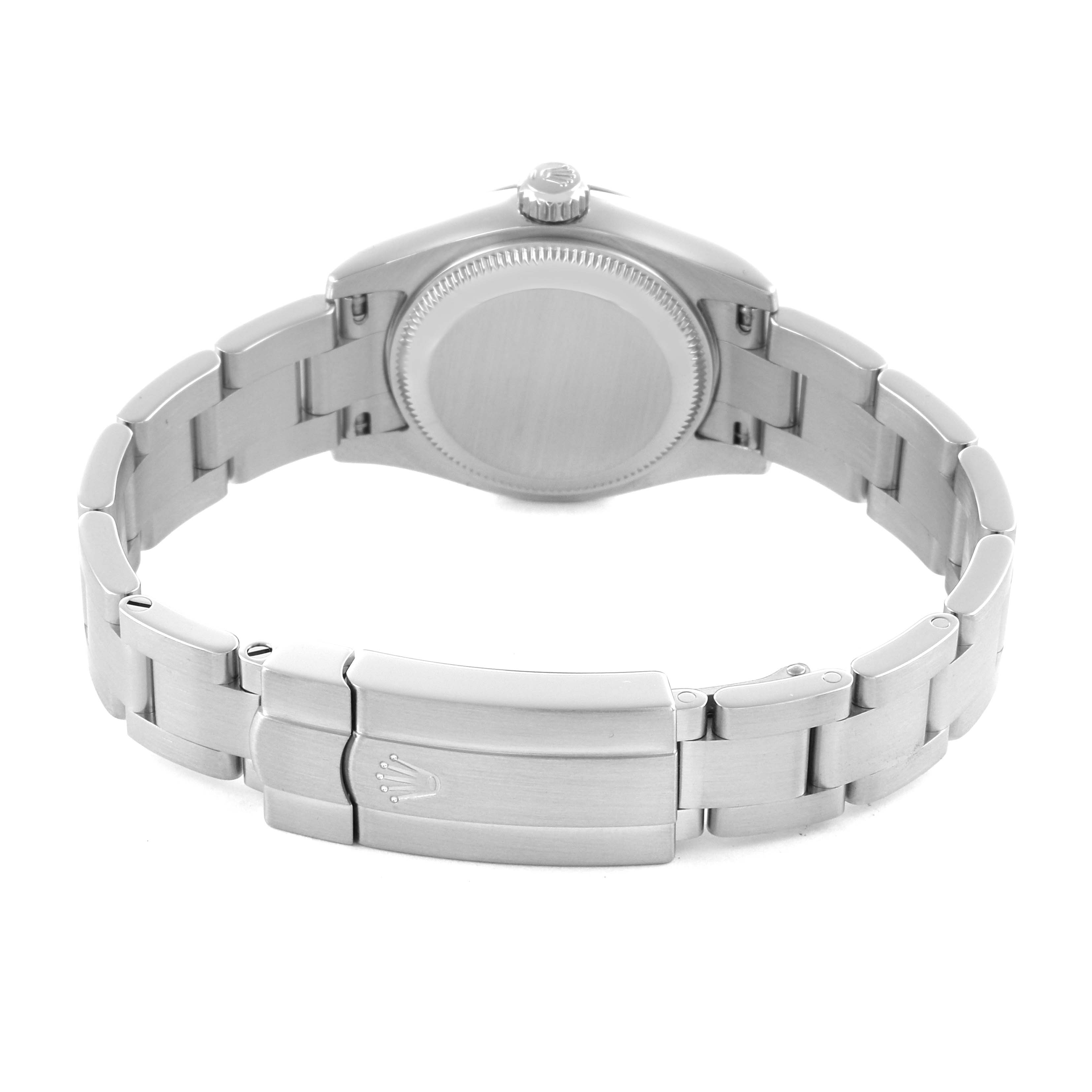 The Rolex Oyster Perpetual 176200 Women's Stainless Steel Pink Dial 176200 Women's Stainless Steel Pink Dial watch is shown from the back, highlighting the case, bracelet, and clasp.