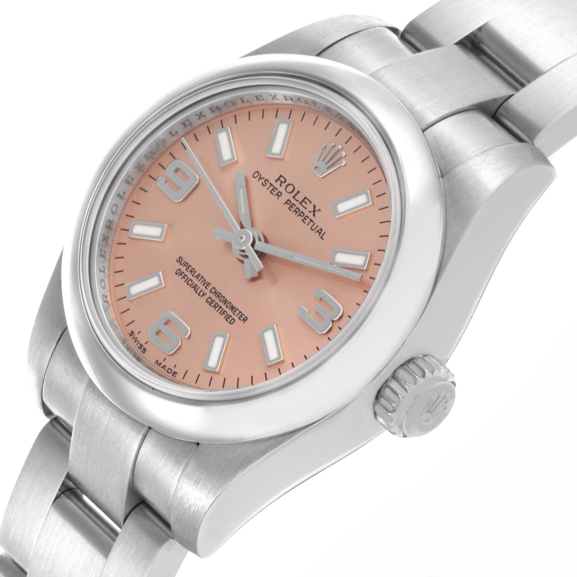 The image shows the Rolex Oyster Perpetual 176200 Women's Stainless Steel Pink Dial 176200 Women's Stainless Steel Pink Dial watch at a slight angle, featuring the dial, bezel, and part of the bracelet.