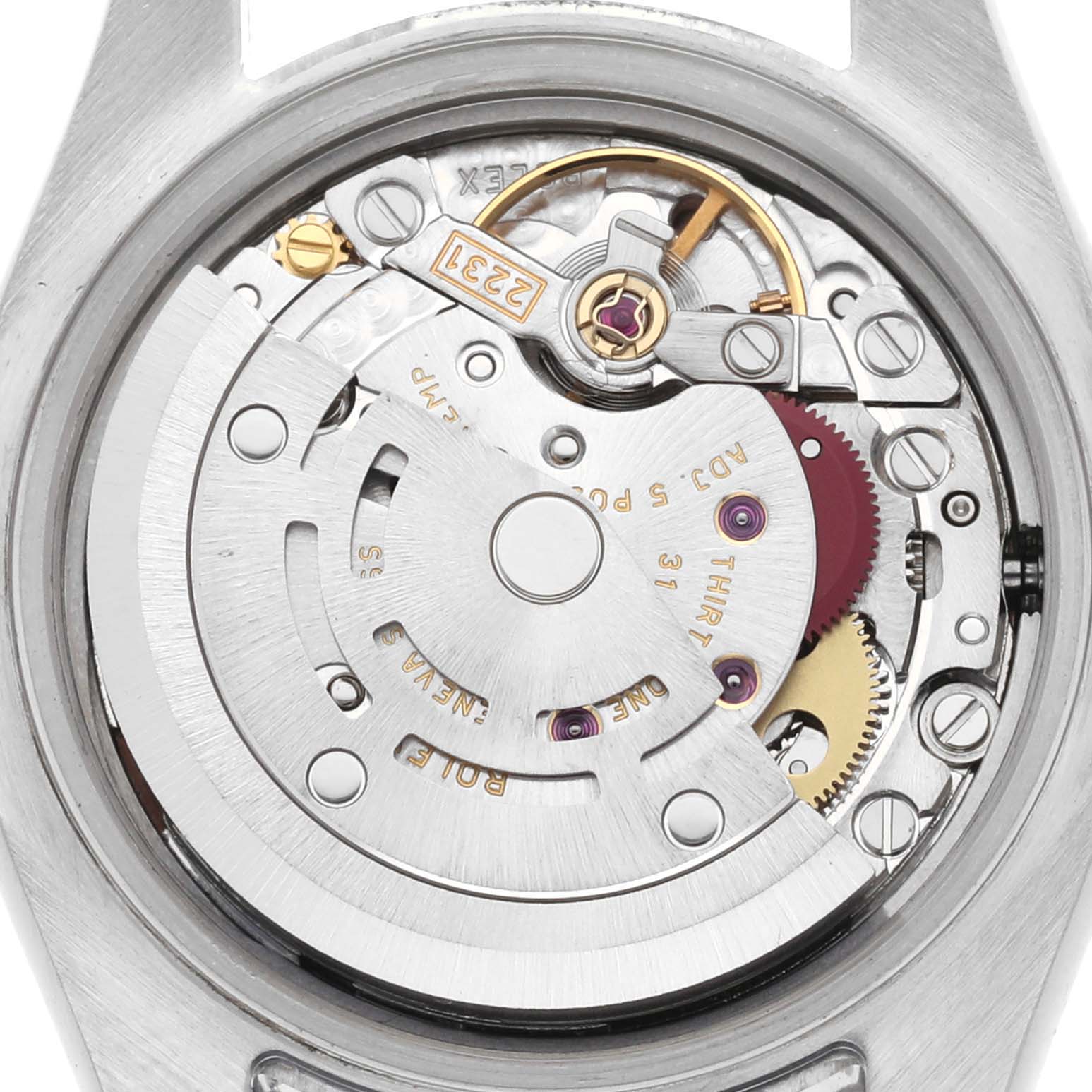The image shows the movement of a Rolex Oyster Perpetual 176200 Women's Stainless Steel Pink Dial 176200 Women's Stainless Steel Pink Dial, viewed from the back.