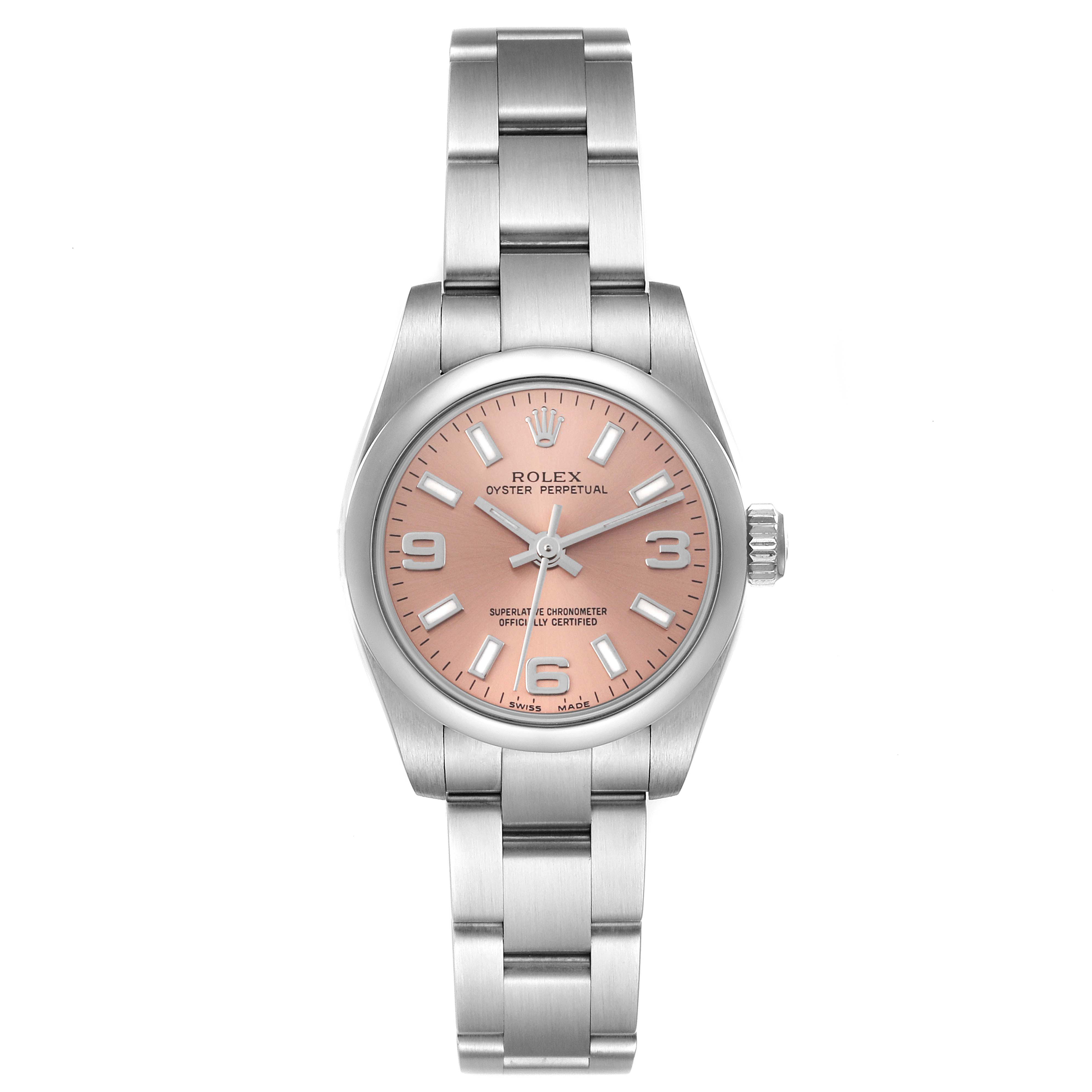 The Rolex Oyster Perpetual 176200 Women's Stainless Steel Pink Dial 176200 Women's Stainless Steel Pink Dial watch is shown from a front angle, displaying its pink dial and stainless steel bracelet.