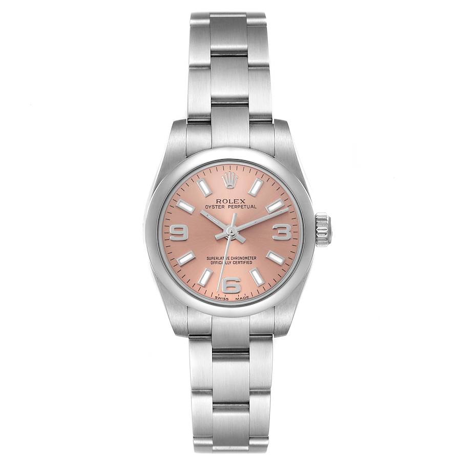 The Rolex Oyster Perpetual watch is shown from a front angle, displaying its pink dial and stainless steel bracelet.