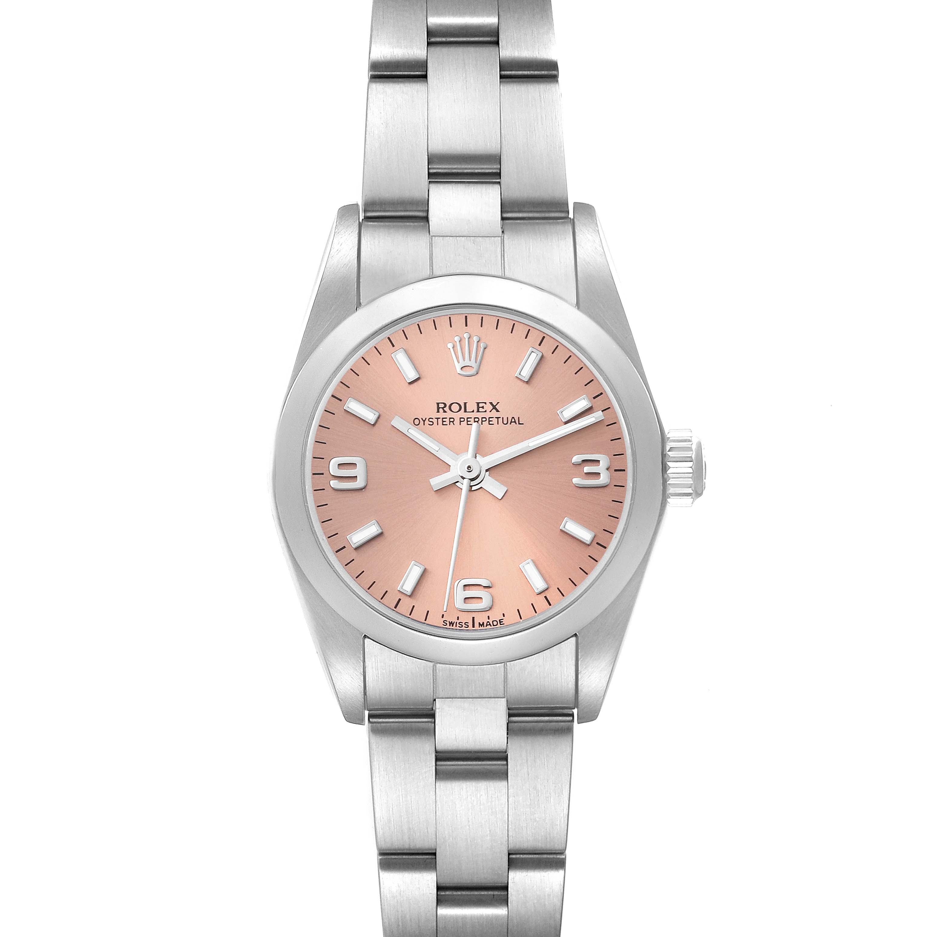 This image shows a front view of a Rolex Oyster Perpetual 76080 Women
s Stainless Steel Pink Dial 76080 Women
s Stainless Steel Pink Dial watch with a pink dial and a stainless steel bracelet.