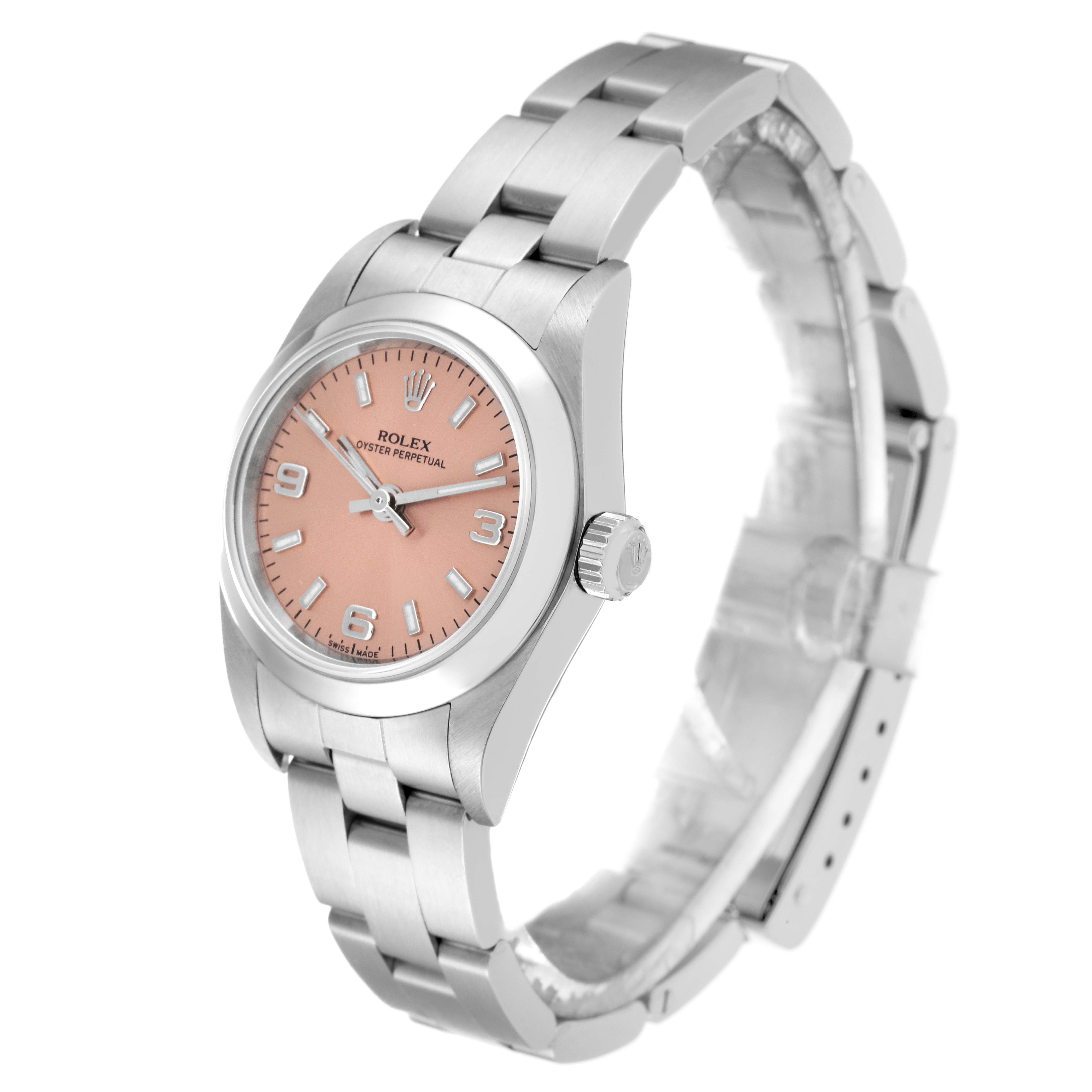 This image shows a Rolex Oyster Perpetual 76080 Women
s Stainless Steel Pink Dial 76080 Women
s Stainless Steel Pink Dial watch at an angled view, highlighting the pink dial and stainless steel bracelet.