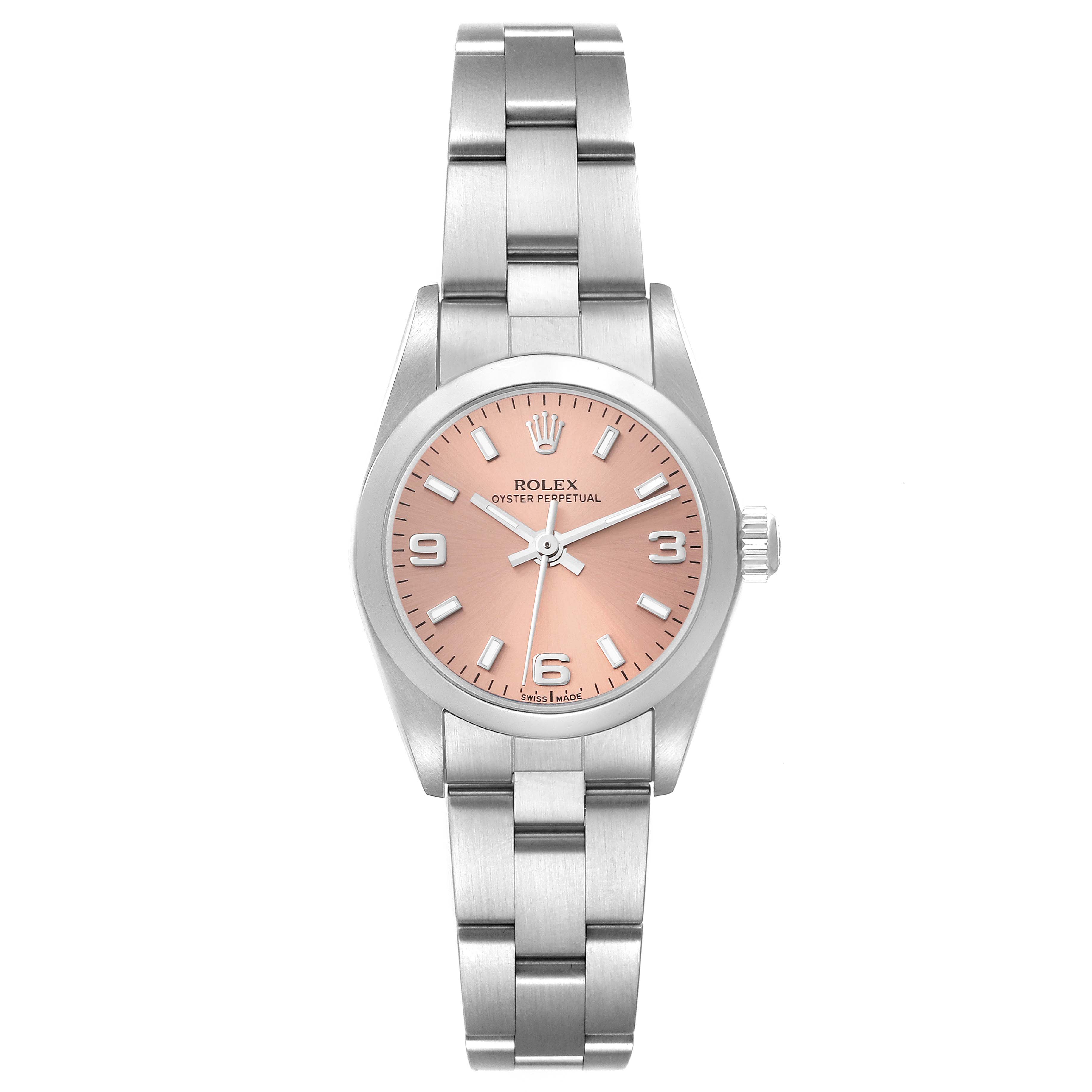 This image shows a front view of a Rolex Oyster Perpetual 76080 Women
s Stainless Steel Pink Dial 76080 Women
s Stainless Steel Pink Dial watch, highlighting its pink dial, stainless steel case, and bracelet.