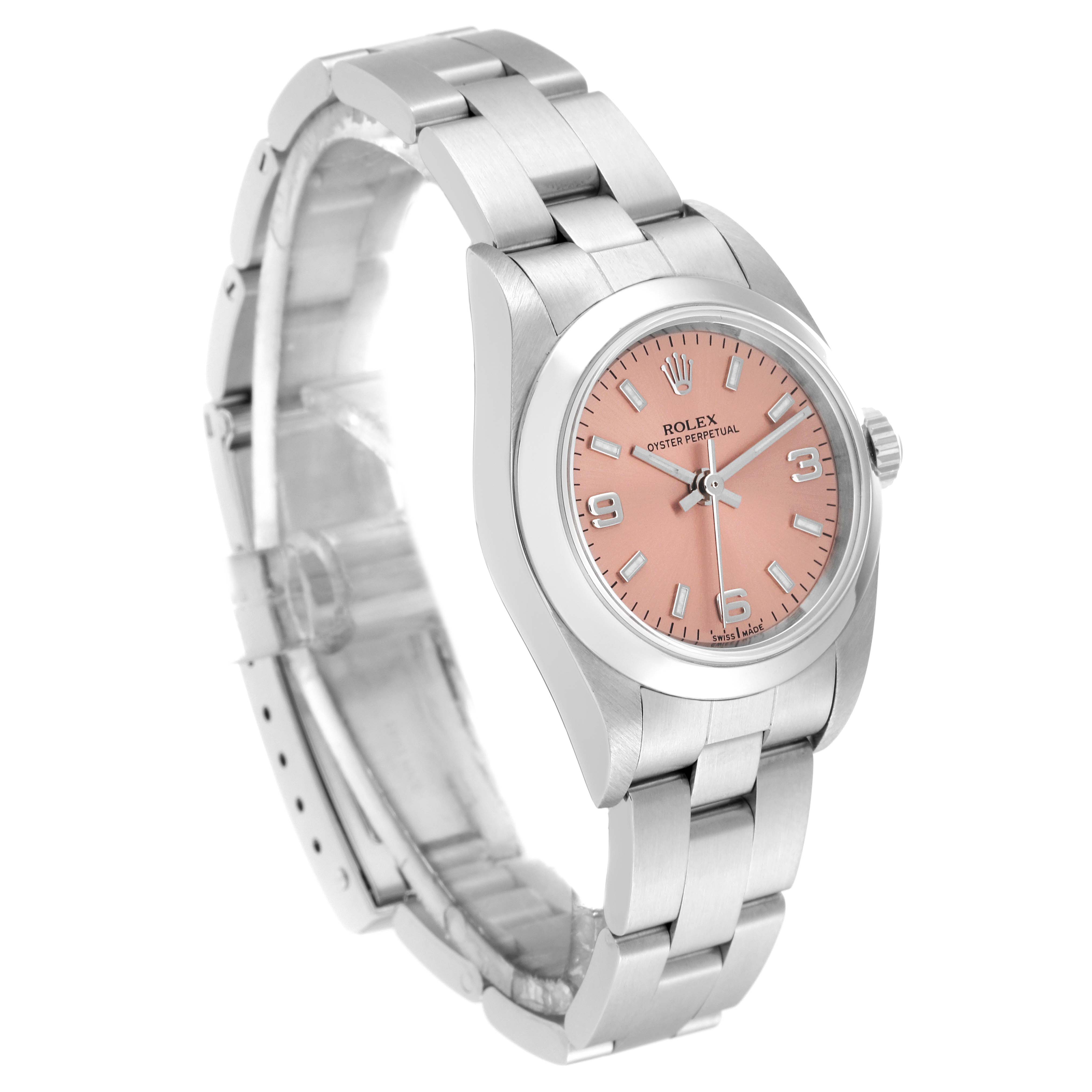 The image shows a side-angle view of a Rolex Oyster Perpetual 76080 Women
s Stainless Steel Pink Dial 76080 Women
s Stainless Steel Pink Dial watch, highlighting its pink dial and stainless steel bracelet.