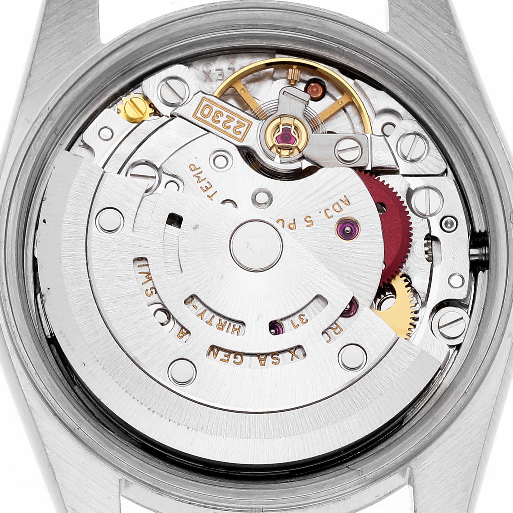 This image shows the internal mechanical movement of a Rolex Oyster Perpetual 76080 Women
s Stainless Steel Pink Dial 76080 Women
s Stainless Steel Pink Dial watch from a rear angle, detailing its intricate components.