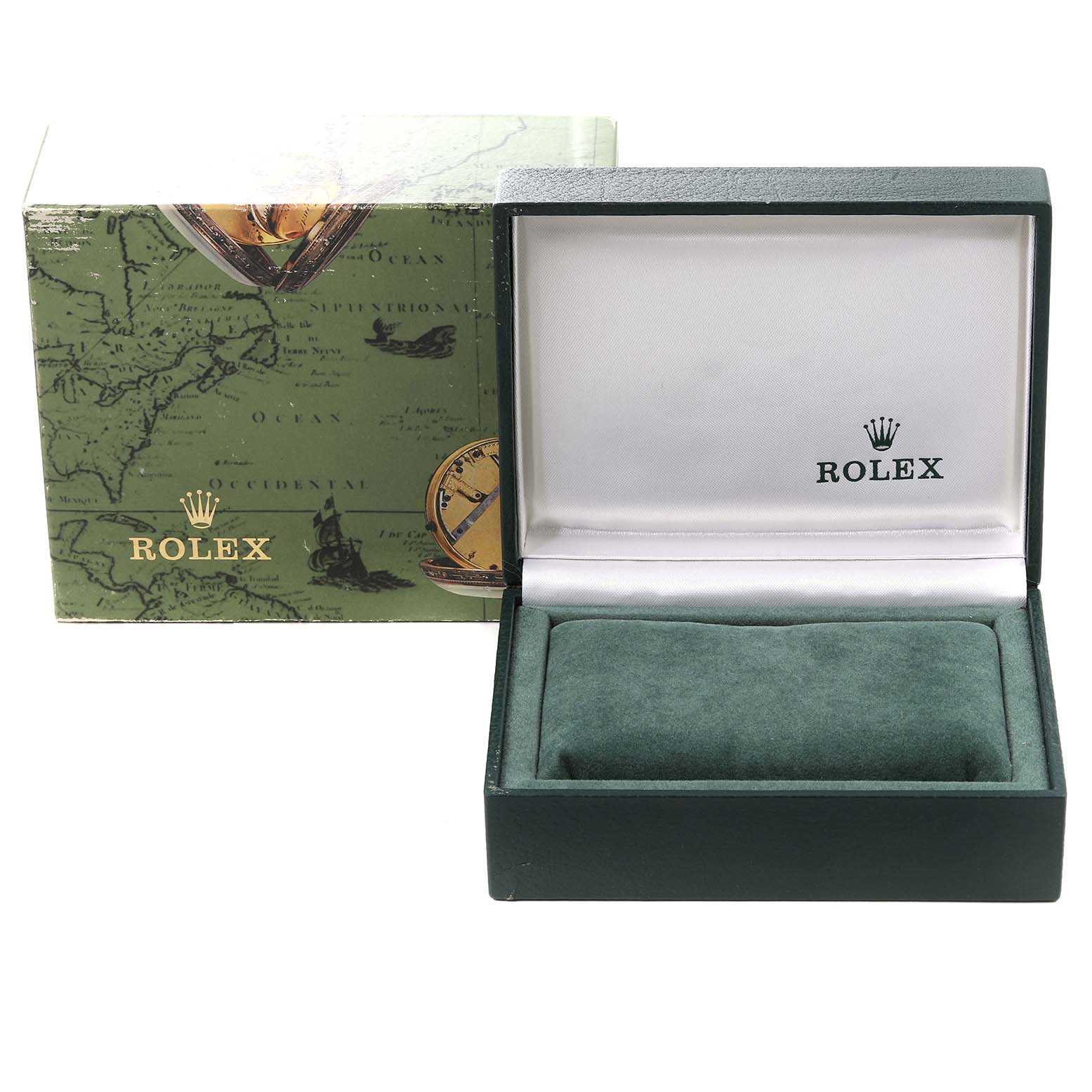 The image shows an open Rolex Oyster Perpetual 76080 Women
s Stainless Steel Pink Dial 76080 Women
s Stainless Steel Pink Dial watch box and its outer packaging.