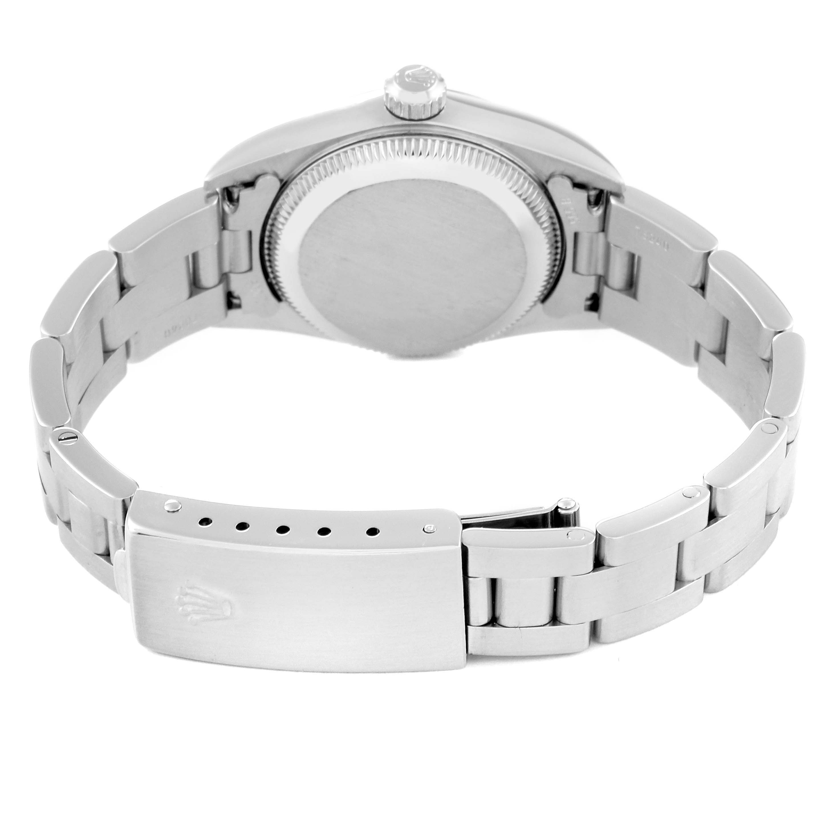 This image shows the back view of a Rolex Oyster Perpetual 76080 Women
s Stainless Steel Pink Dial 76080 Women
s Stainless Steel Pink Dial watch, highlighting the case back and closed clasp.