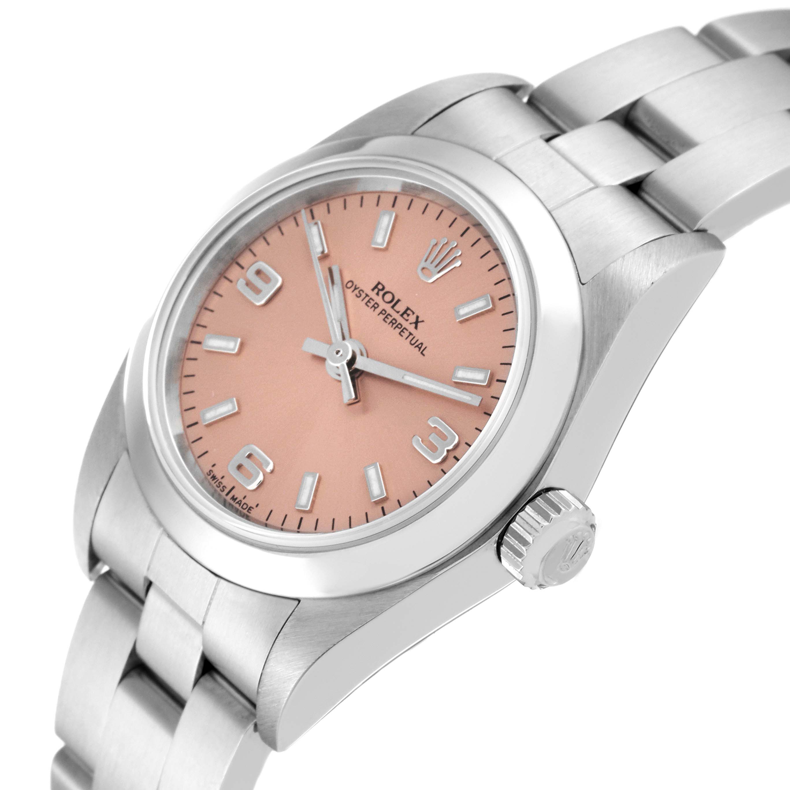 The image shows a Rolex Oyster Perpetual 76080 Women
s Stainless Steel Pink Dial 76080 Women
s Stainless Steel Pink Dial watch from a front angle, highlighting its pink dial, stainless steel case, and bracelet.