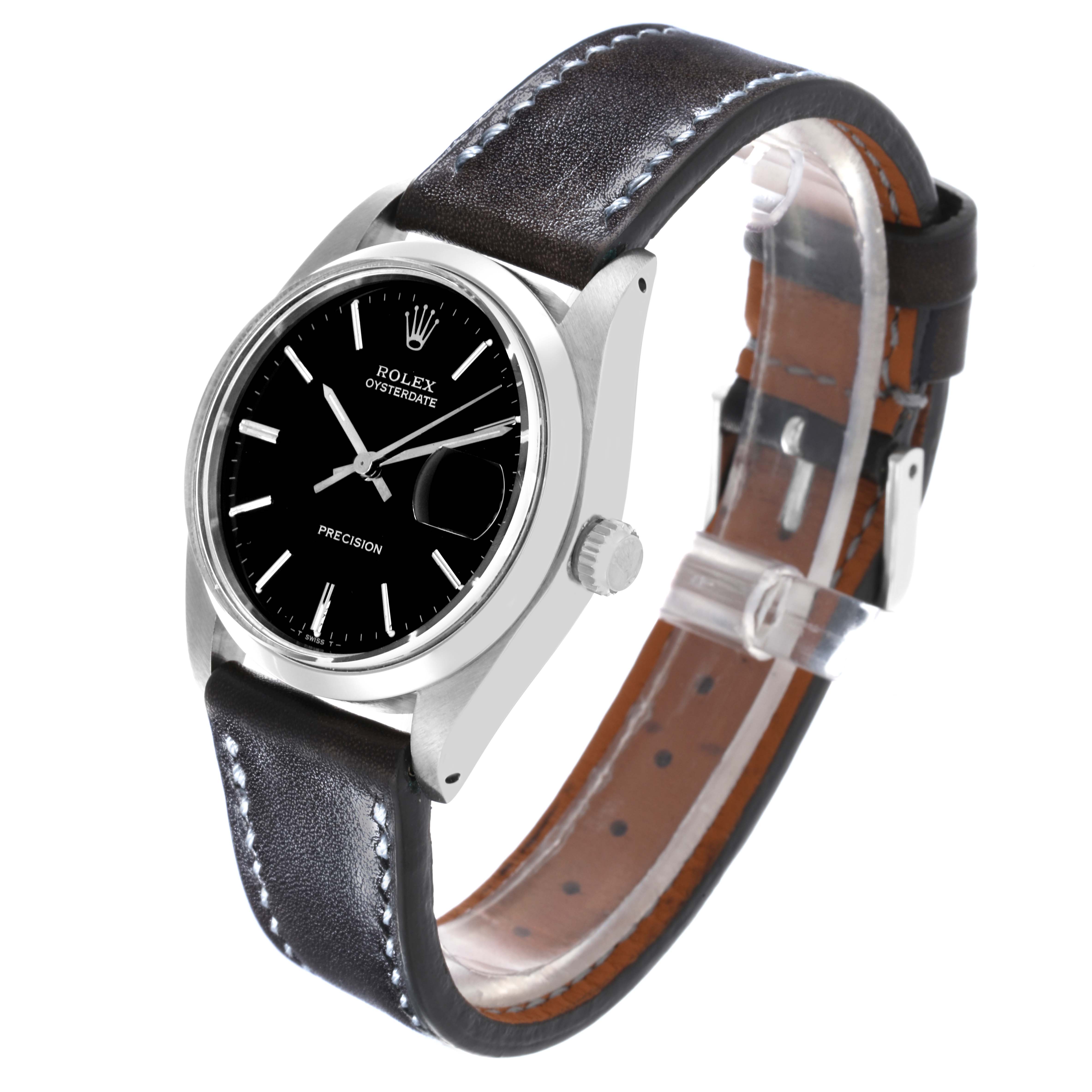 The Rolex Vintage Collection 6694 Men's Stainless Steel Black Dial 6694 Men's Stainless Steel Black Dial watch is shown from an angled side view, highlighting the dial, crown, and leather strap.