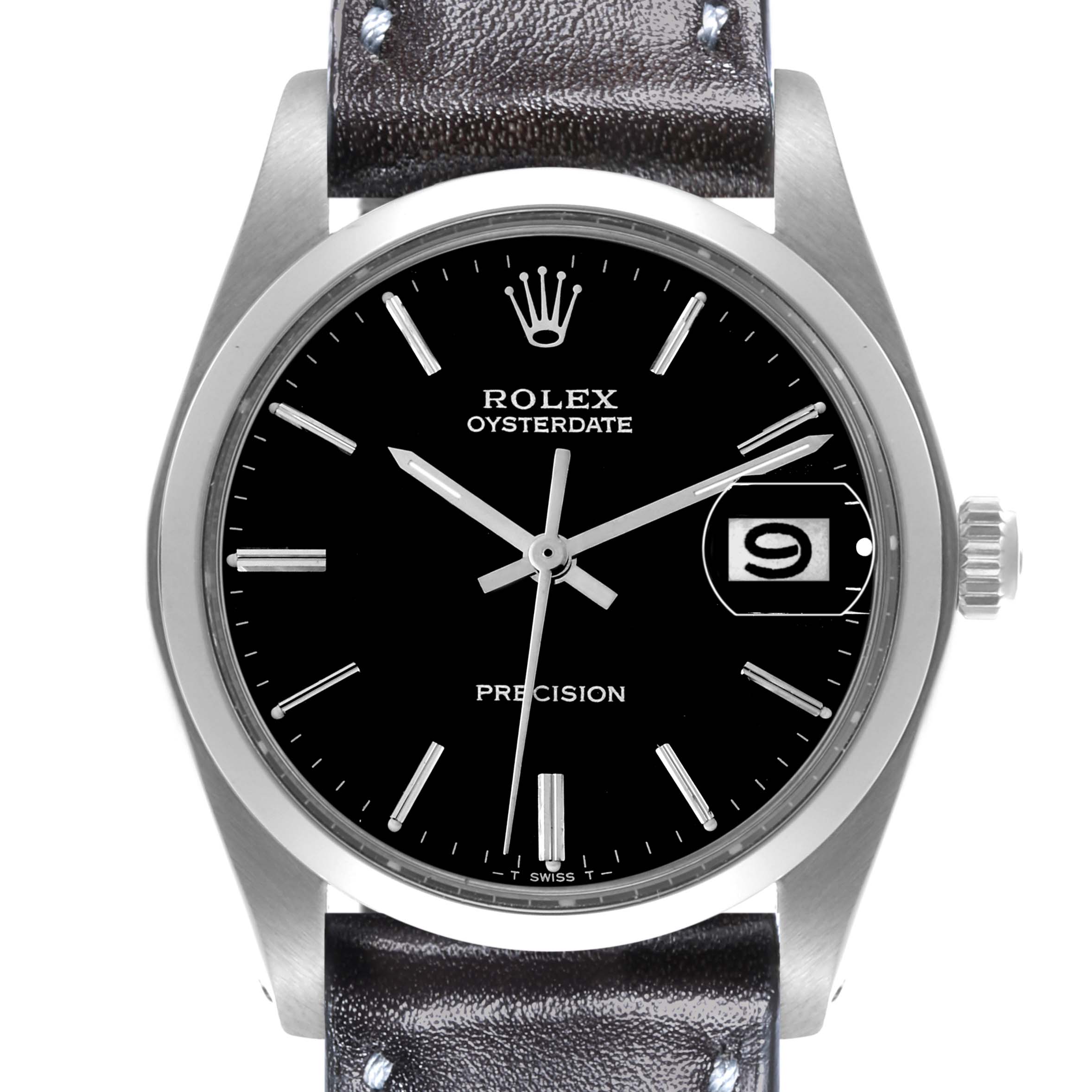 The Rolex Vintage Collection 6694 Men's Stainless Steel Black Dial 6694 Men's Stainless Steel Black Dial watch is shown from the front, displaying its dial, hands, crown, and a portion of the leather strap.