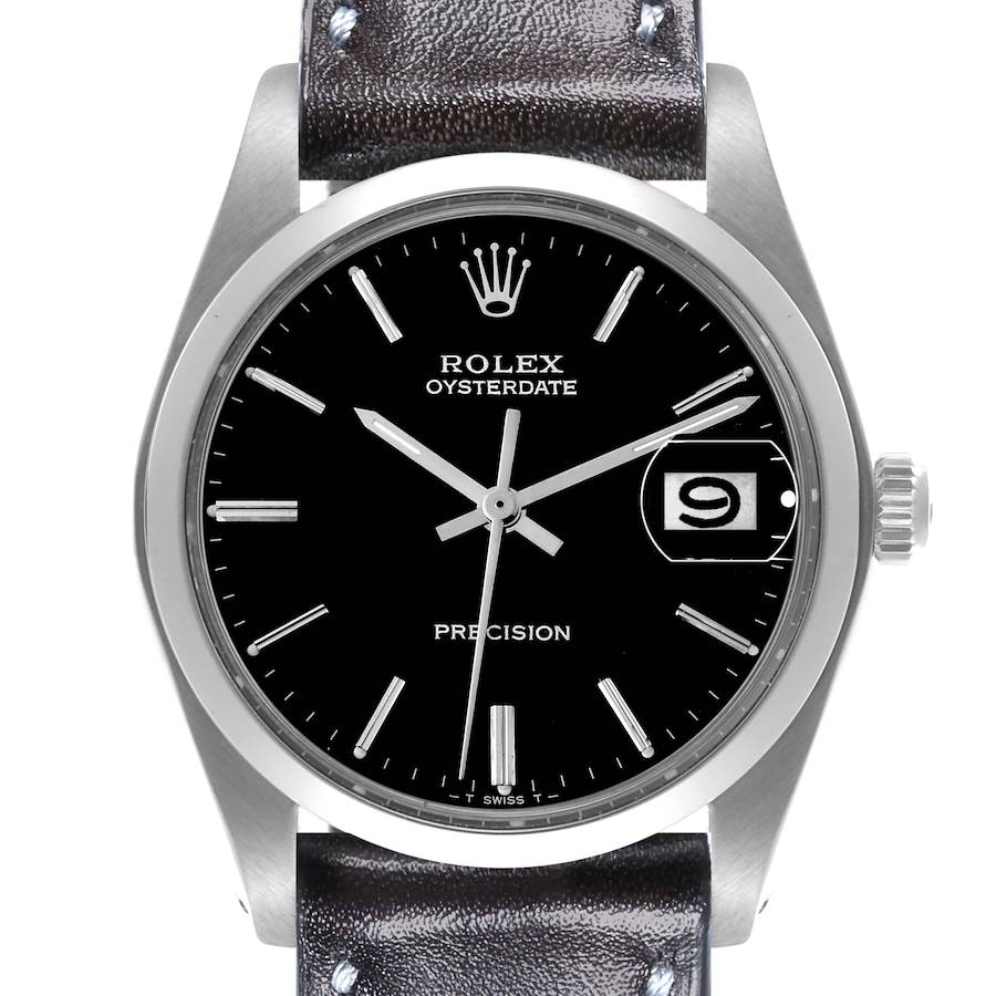 The Rolex Vintage Collection watch is shown from the front, displaying its dial, hands, crown, and a portion of the leather strap.