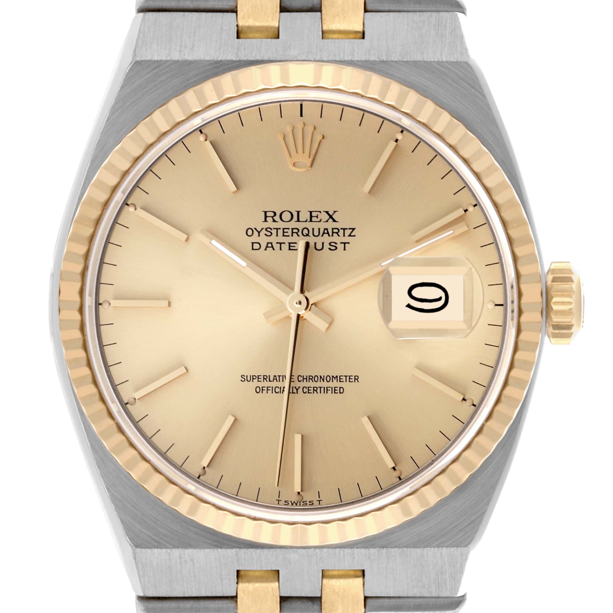 The Rolex Oysterquartz 17013 Men's Steel and Gold (two tone) Champagne Dial 17013 Men's Steel and Gold (two tone) Champagne Dial watch is shown from the front, highlighting the dial, gold bezel, and part of the bracelet.