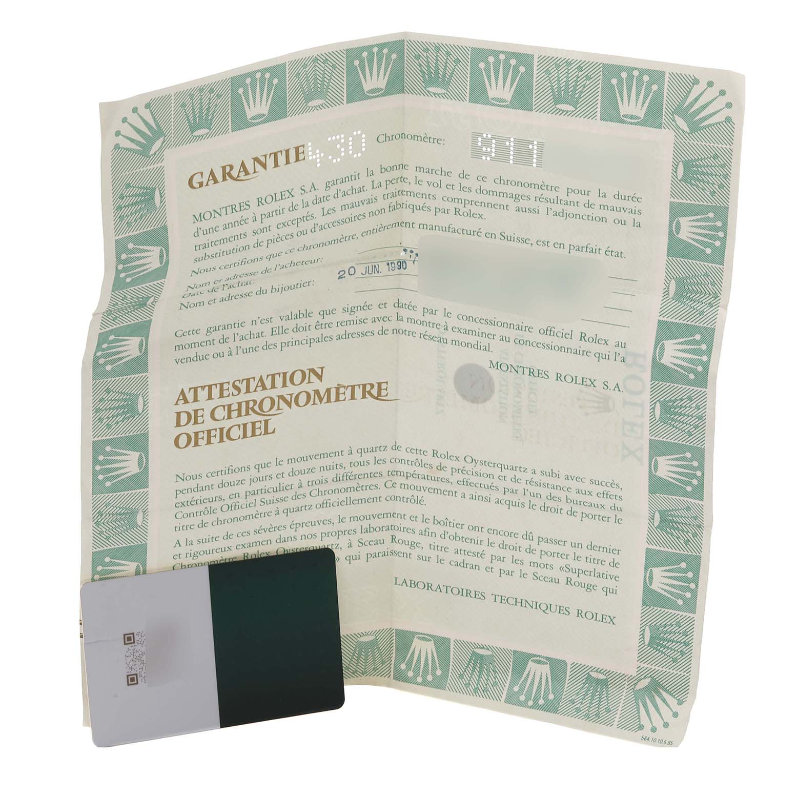 The image shows a warranty certificate and attestation for a Rolex Oysterquartz 17013 Men's Steel and Gold (two tone) Champagne Dial 17013 Men's Steel and Gold (two tone) Champagne Dial watch, with no watch visible.