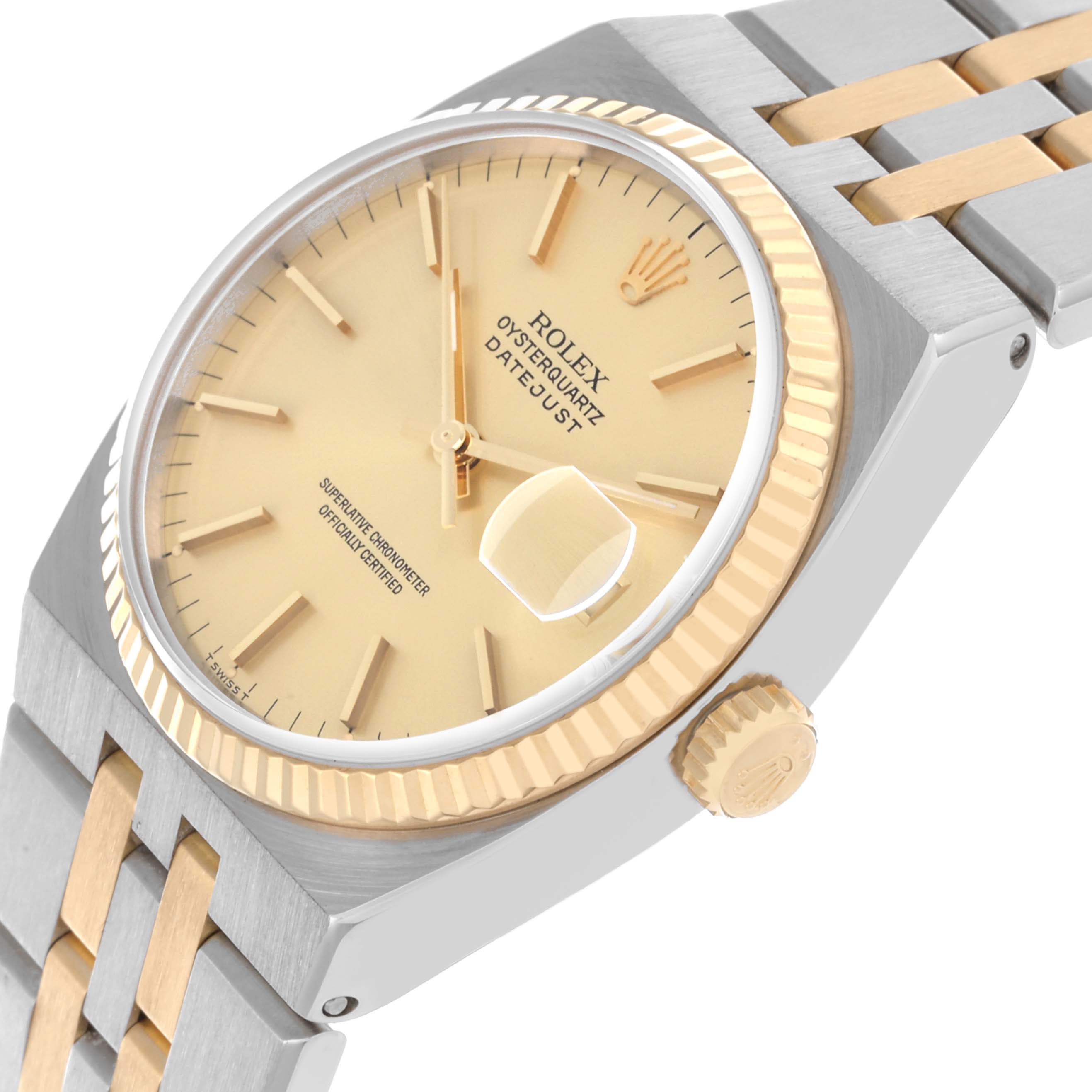 The Rolex Oysterquartz 17013 Men's Steel and Gold (two tone) Champagne Dial 17013 Men's Steel and Gold (two tone) Champagne Dial Datejust is shown at a slight angle displaying its dial, bezel, crown, and partially the bracelet.