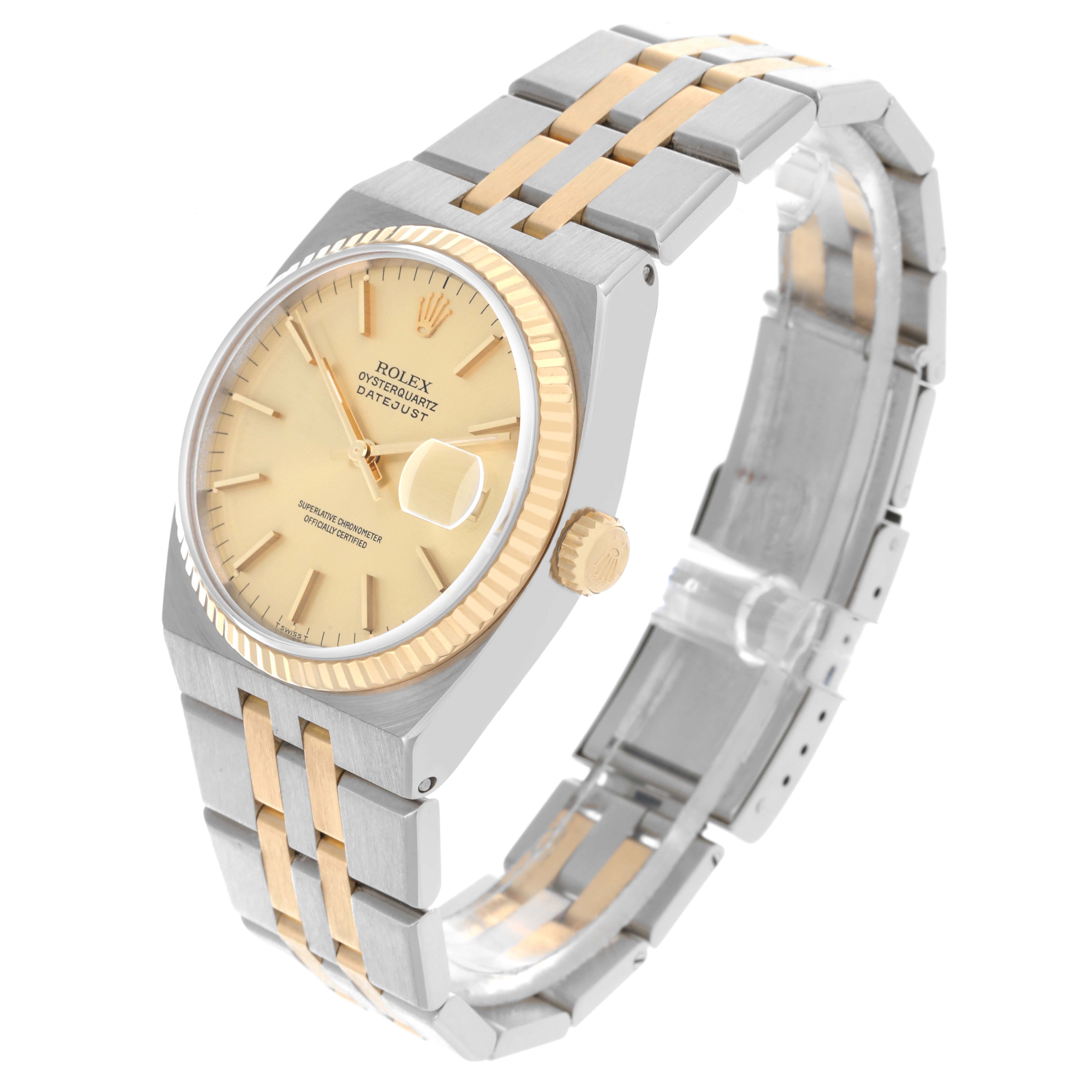 The image shows a Rolex Oysterquartz 17013 Men's Steel and Gold (two tone) Champagne Dial 17013 Men's Steel and Gold (two tone) Champagne Dial watch from an angled view highlighting its dial, bezel, crown, and bracelet.