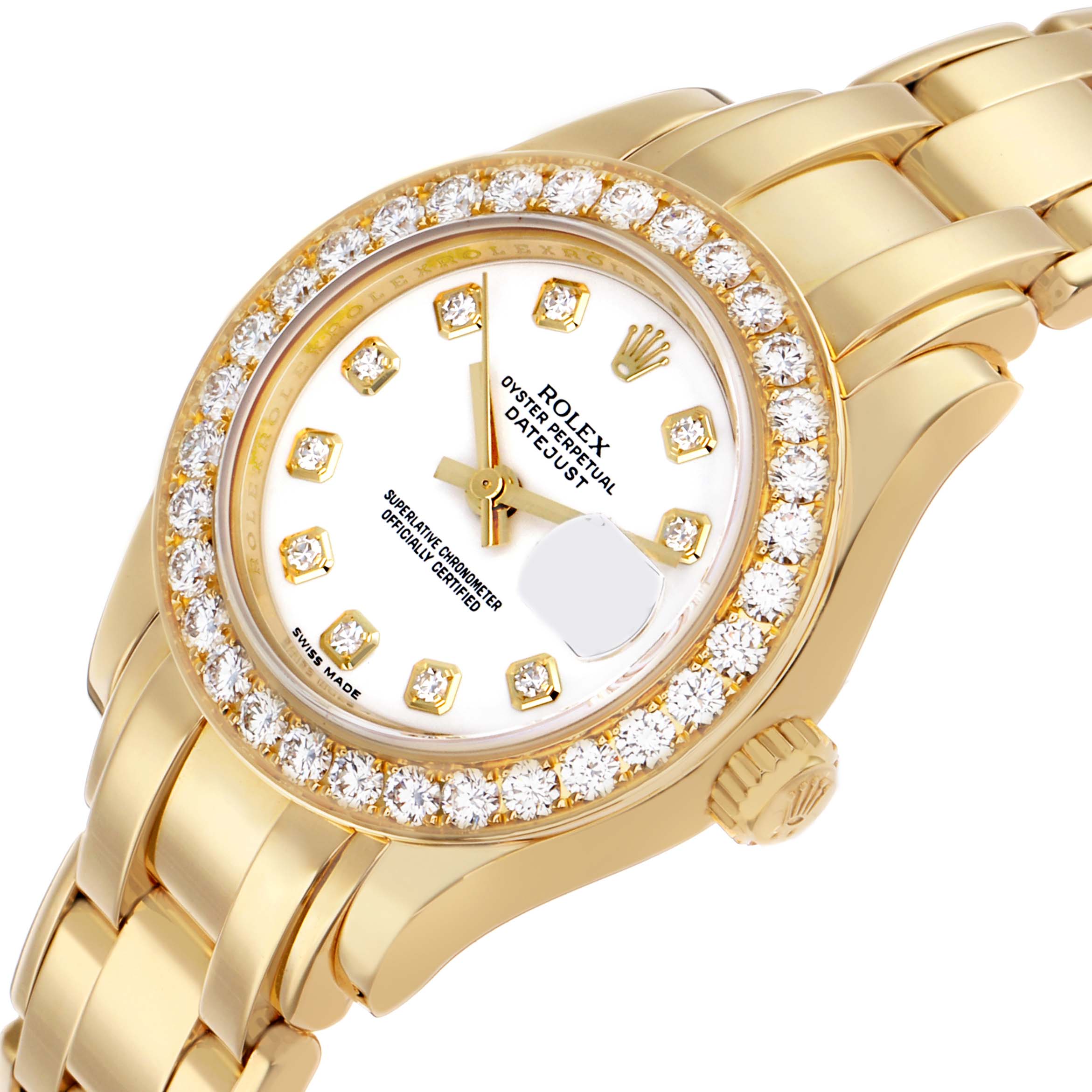 The Rolex Pearlmaster 80298 Women's Yellow Gold White Dial watch is shown at a slight tilt, highlighting the diamond-set bezel, crown, dial, and bracelet.