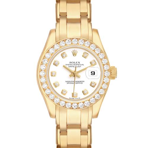 The Rolex Pearlmaster 80298 Women's Yellow Gold White Dial watch is shown from a top view, displaying the dial, bezel, and bracelet fully.