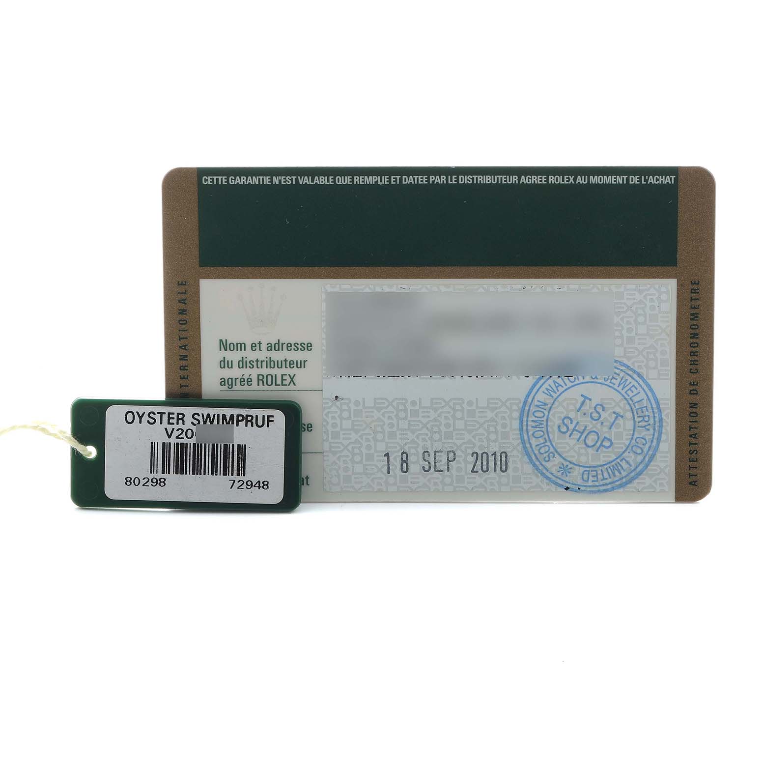 The image shows a warranty card and tag for the Rolex Pearlmaster 80298 Women's Yellow Gold White Dial, featuring the "Oyster Swimpruf" label and date stamp.