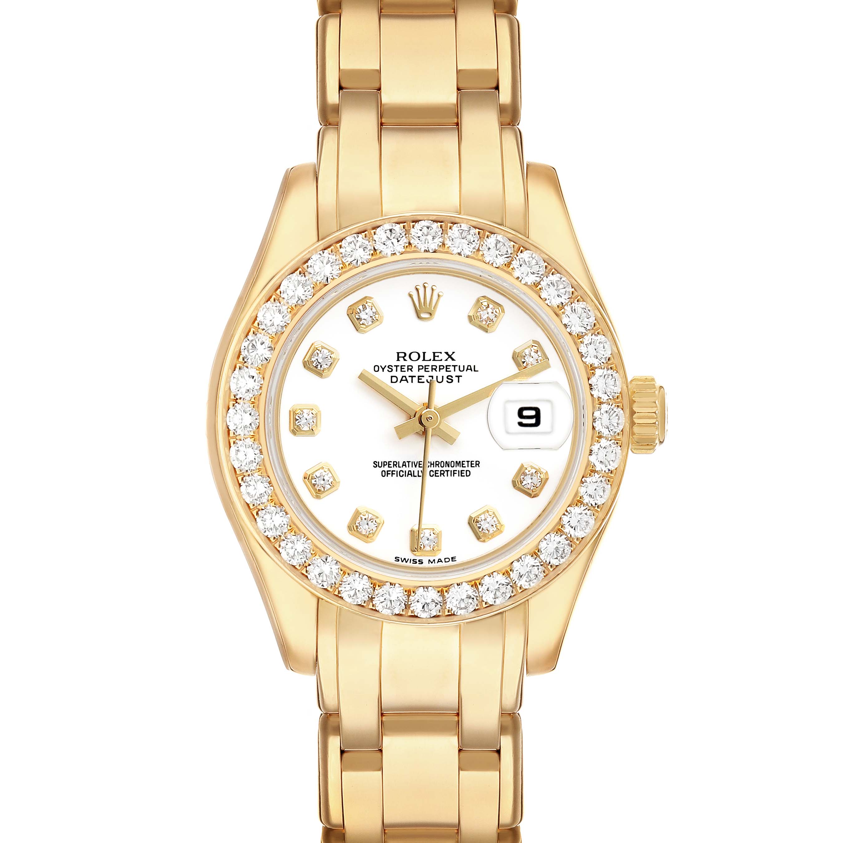 The Rolex Pearlmaster 80298 Women's Yellow Gold White Dial watch is shown from a top-down angle, highlighting the dial, bezel, and bracelet.