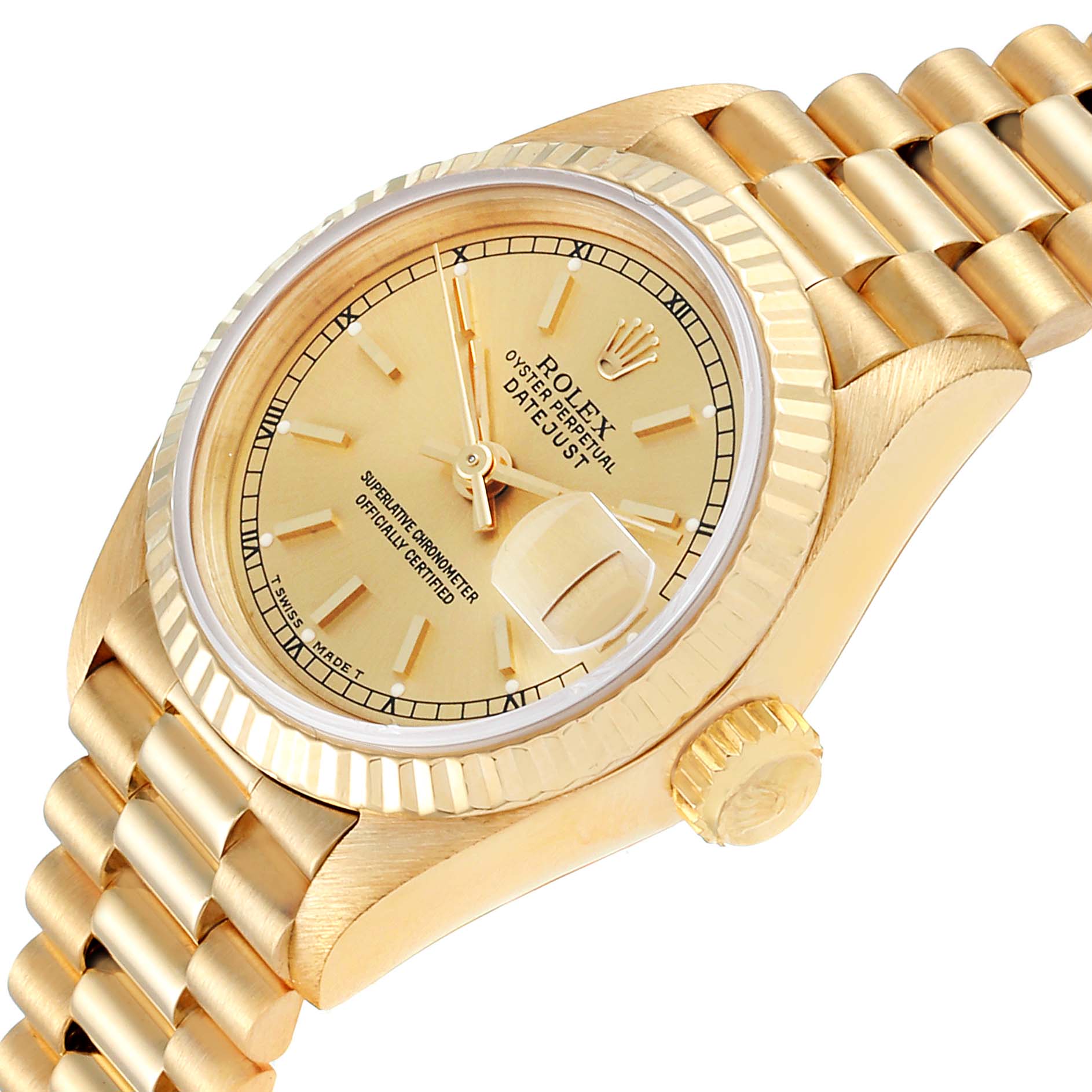 The image shows a close-up, angled view of a Rolex President 69178 Women's Yellow Gold Champagne Dial 69178 Women's Yellow Gold Champagne Dial model watch, highlighting the dial, bezel, crown, and bracelet.