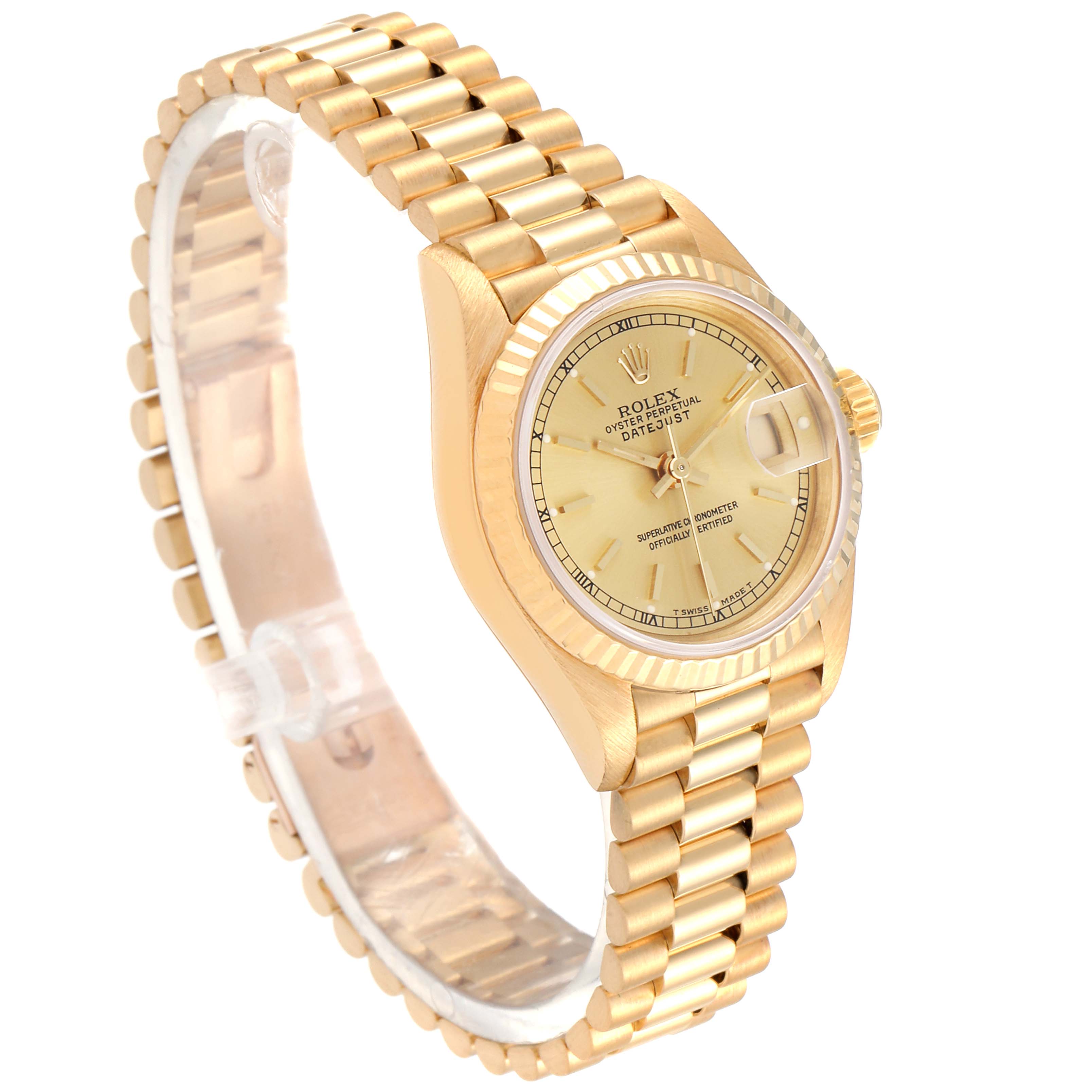 The Rolex President 69178 Women's Yellow Gold Champagne Dial 69178 Women's Yellow Gold Champagne Dial model is shown at a 3/4 angle, displaying the dial, case, bezel, and bracelet prominently.
