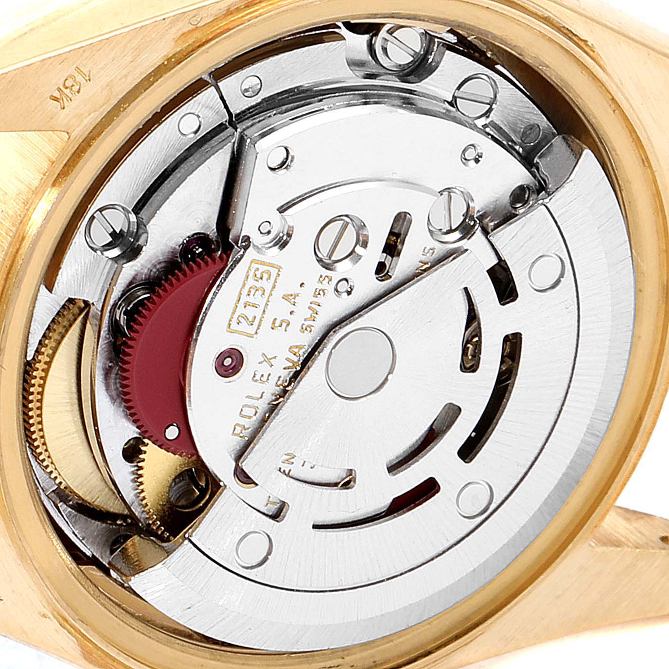 This is a close-up view of the movement mechanism in the Rolex President 69178 Women's Yellow Gold Champagne Dial 69178 Women's Yellow Gold Champagne Dial model watch.