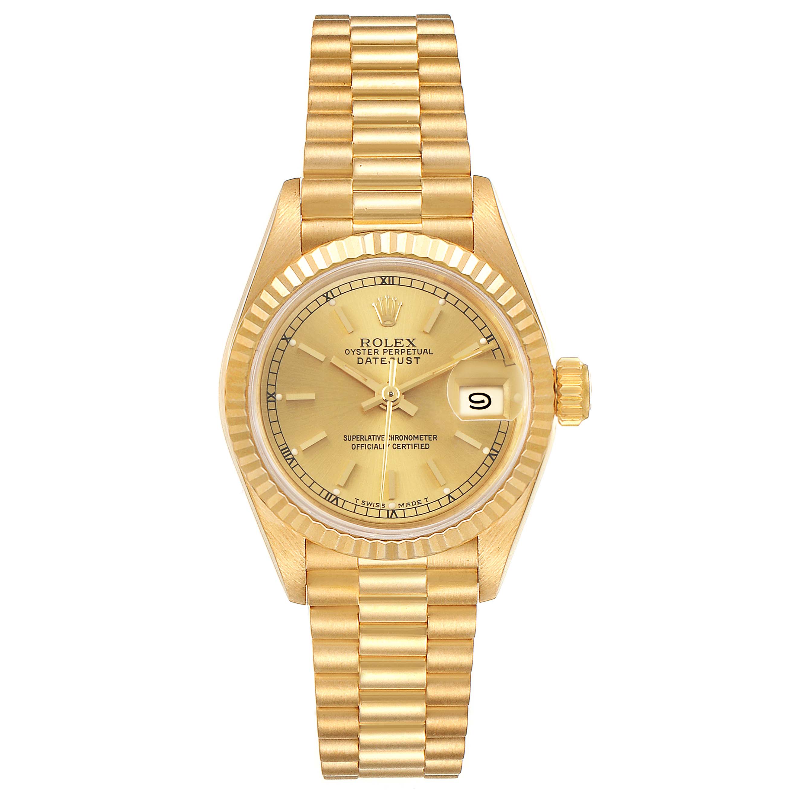 The image shows a front view of a Rolex President 69178 Women's Yellow Gold Champagne Dial 69178 Women's Yellow Gold Champagne Dial model watch featuring its dial, bezel, and President bracelet.
