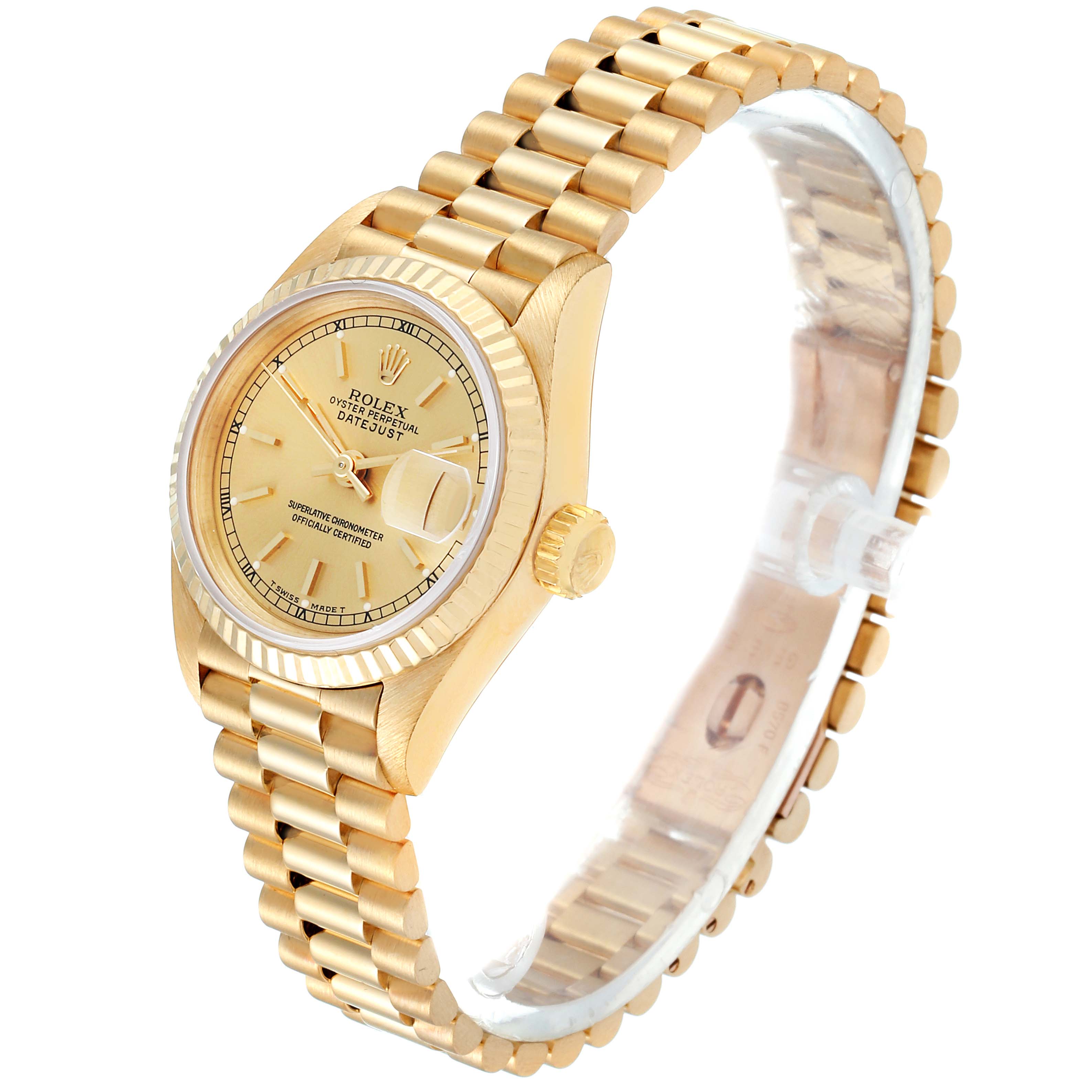 The image shows a side angle of a Rolex President 69178 Women's Yellow Gold Champagne Dial 69178 Women's Yellow Gold Champagne Dial model watch, highlighting the gold bracelet, case, dial, and crown.