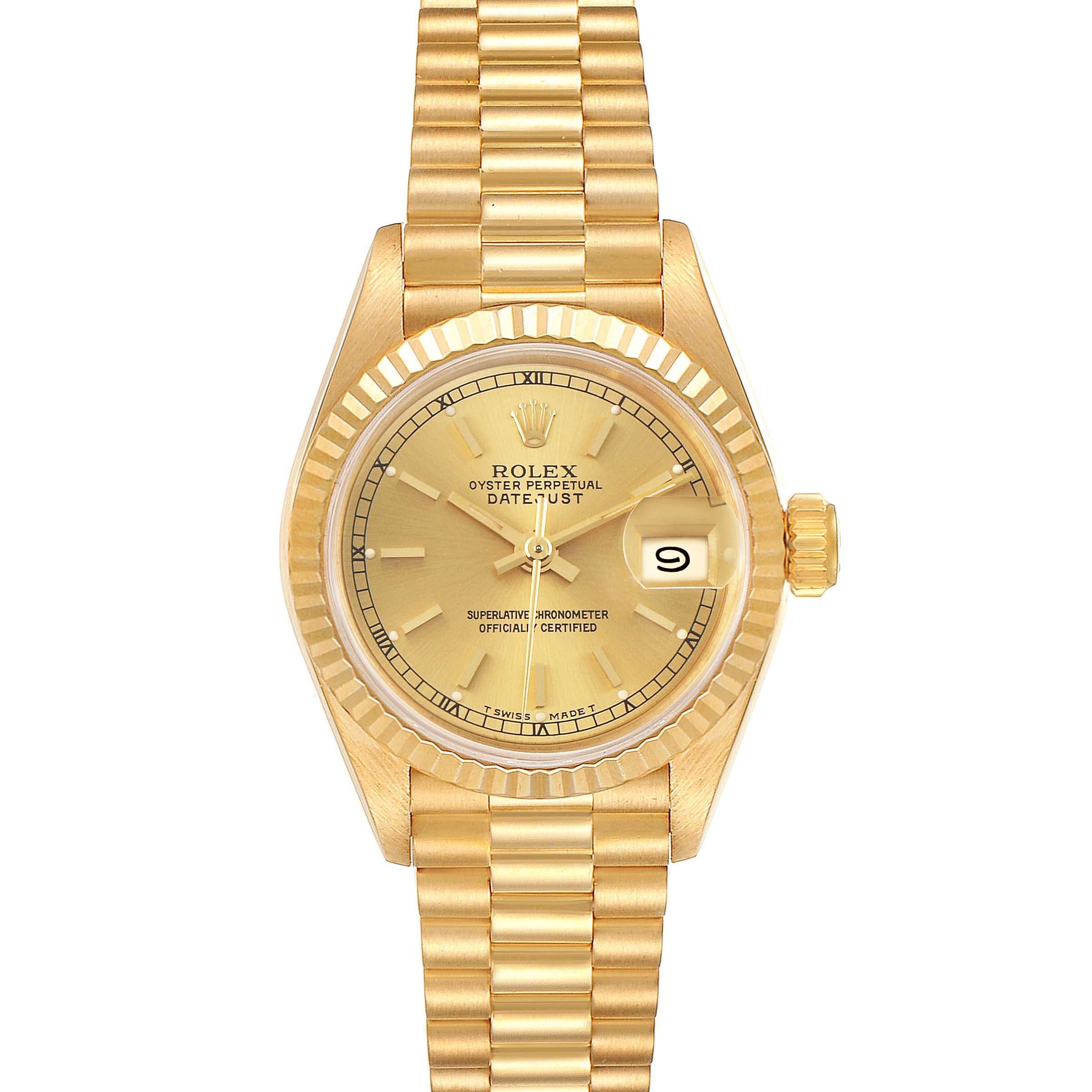 This image shows the Rolex President 69178 Women's Yellow Gold Champagne Dial 69178 Women's Yellow Gold Champagne Dial model watch from a top-down angle, displaying the face, band, and date window.
