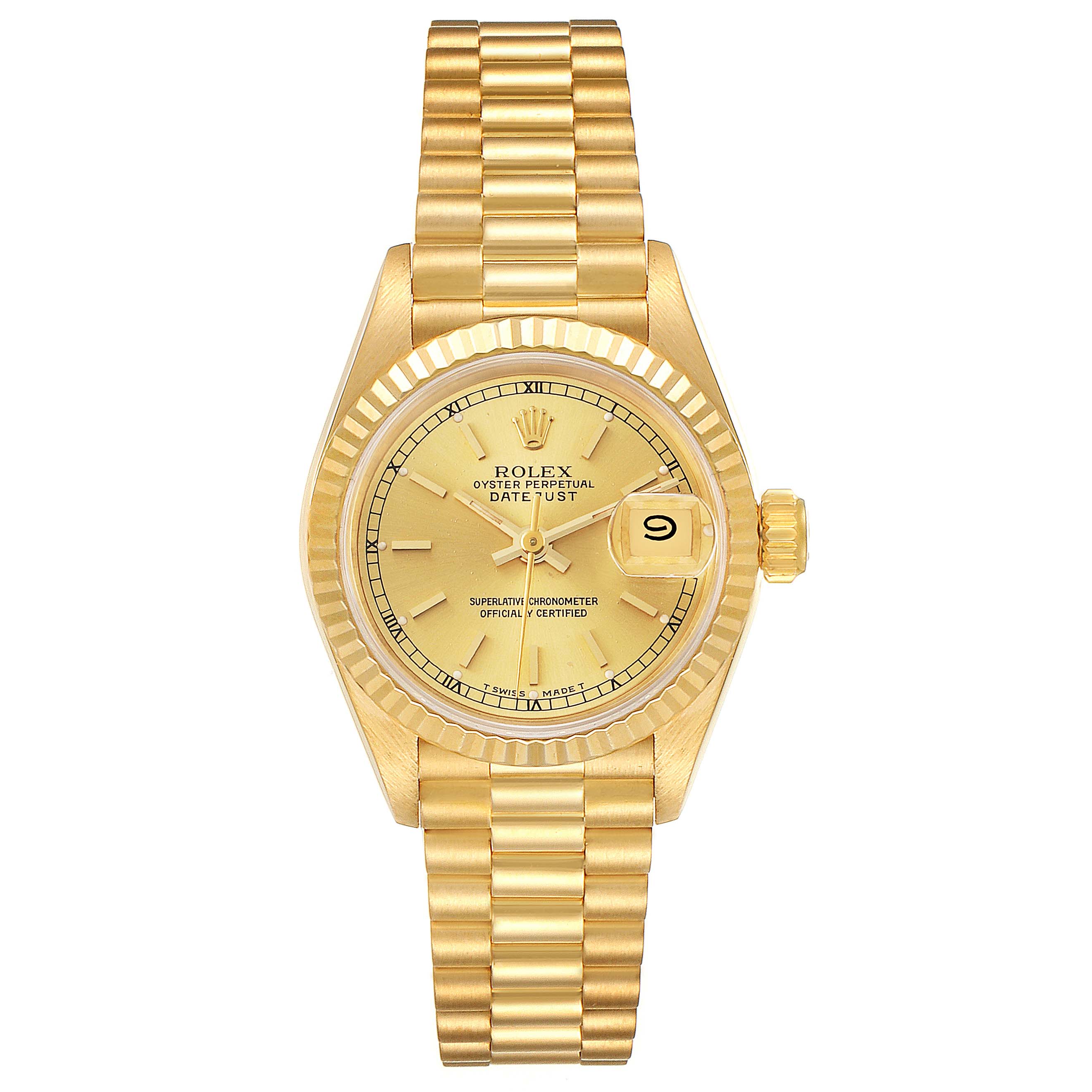 This image shows a frontal view of the Rolex President 69178 Women's Yellow Gold Champagne Dial 69178 Women's Yellow Gold Champagne Dial model, including the bracelet, bezel, dial, crown, and date window.