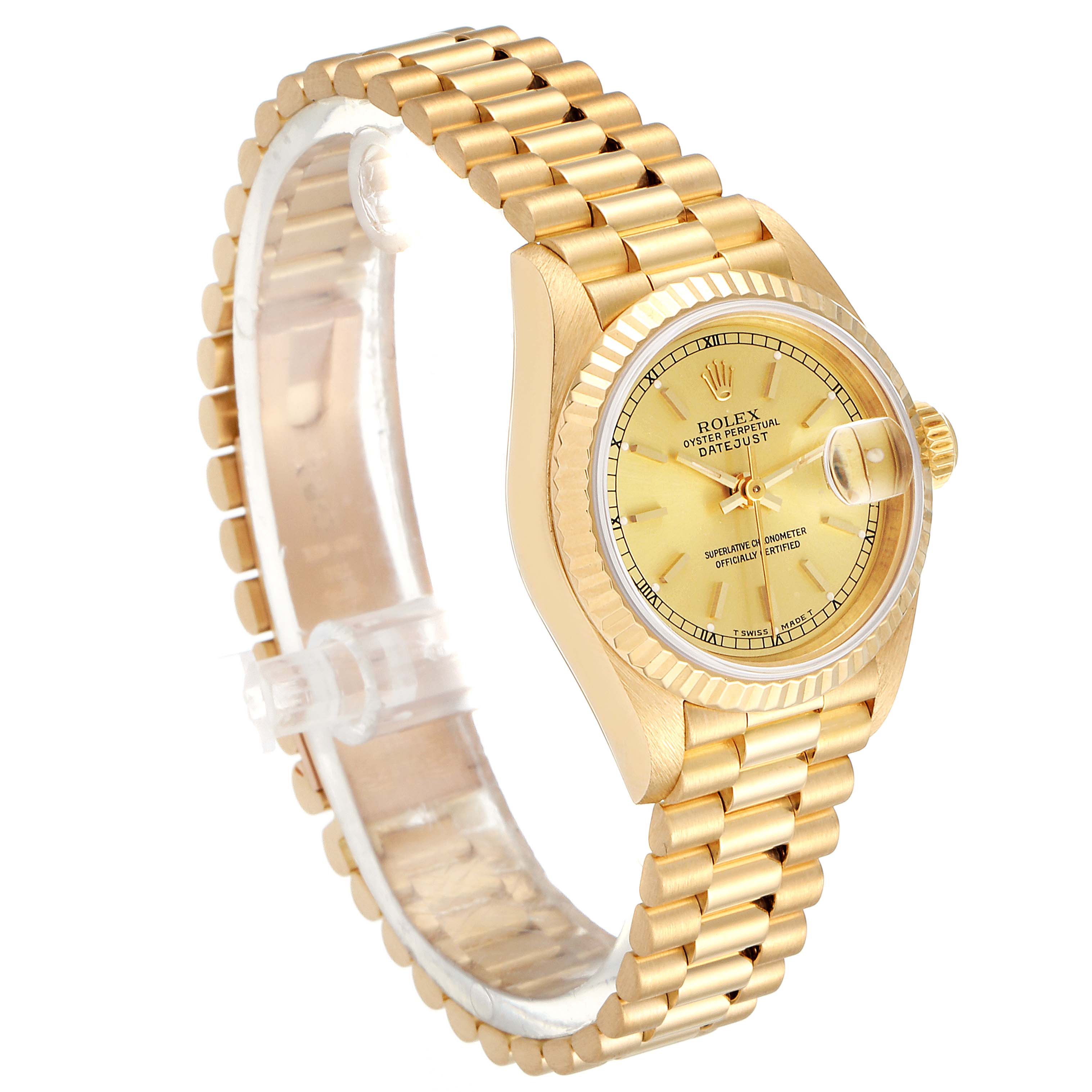 The image shows a Rolex President 69178 Women's Yellow Gold Champagne Dial 69178 Women's Yellow Gold Champagne Dial model watch at an angle displaying the dial, bracelet, and part of the crown.