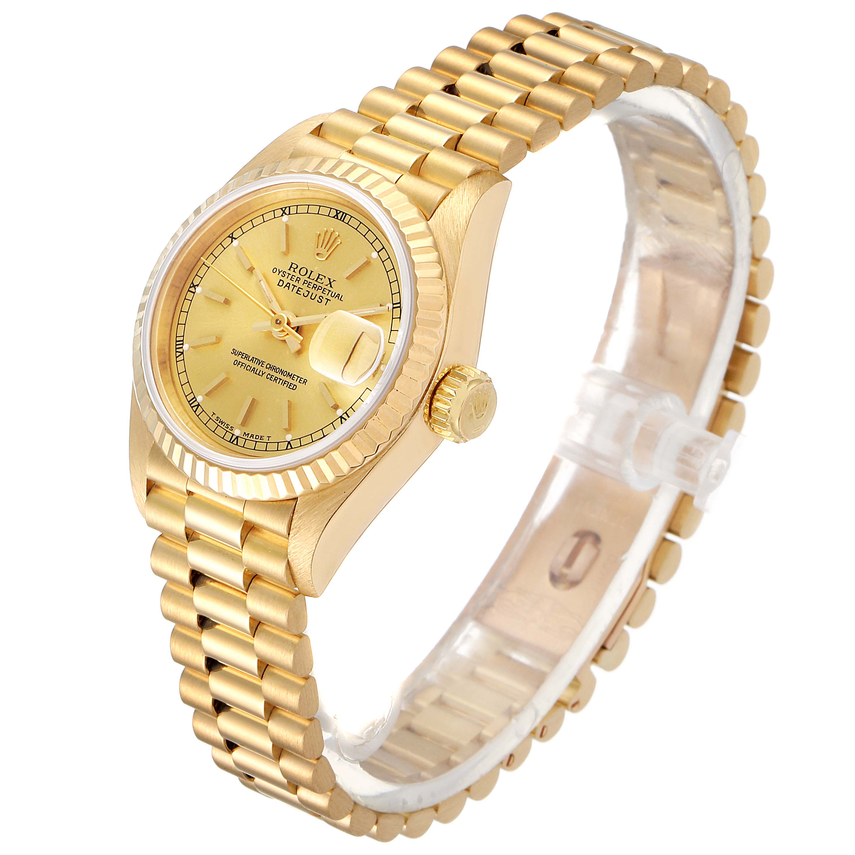 The image displays a Rolex President 69178 Women's Yellow Gold Champagne Dial 69178 Women's Yellow Gold Champagne Dial model watch from a three-quarter angle, highlighting its gold bracelet, dial, and crown.