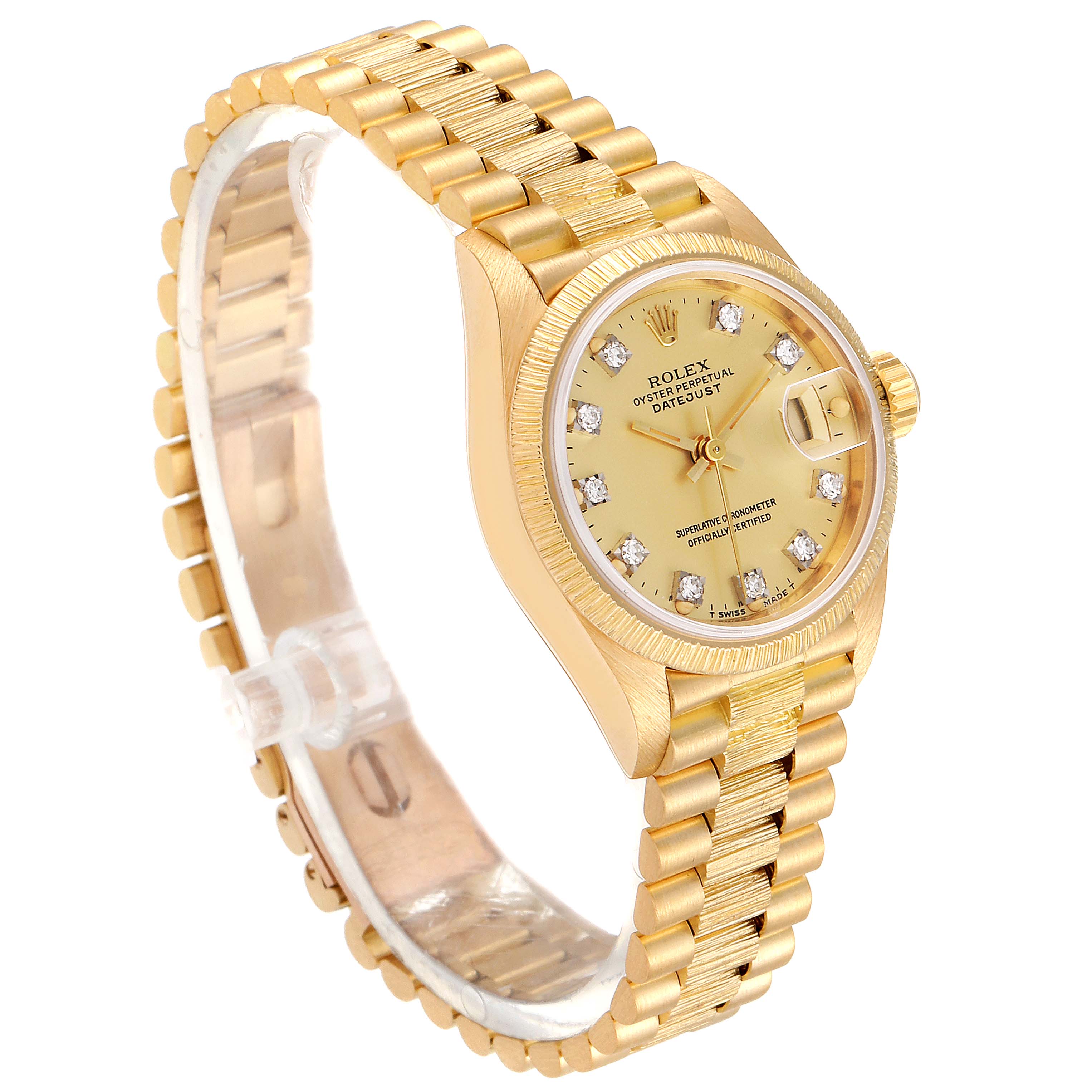 This image shows the Rolex President 69278 Women's Yellow Gold Champagne Dial 69278 Women's Yellow Gold Champagne Dial model watch from a three-quarter angle, highlighting its gold case, diamond dial, and bracelet.