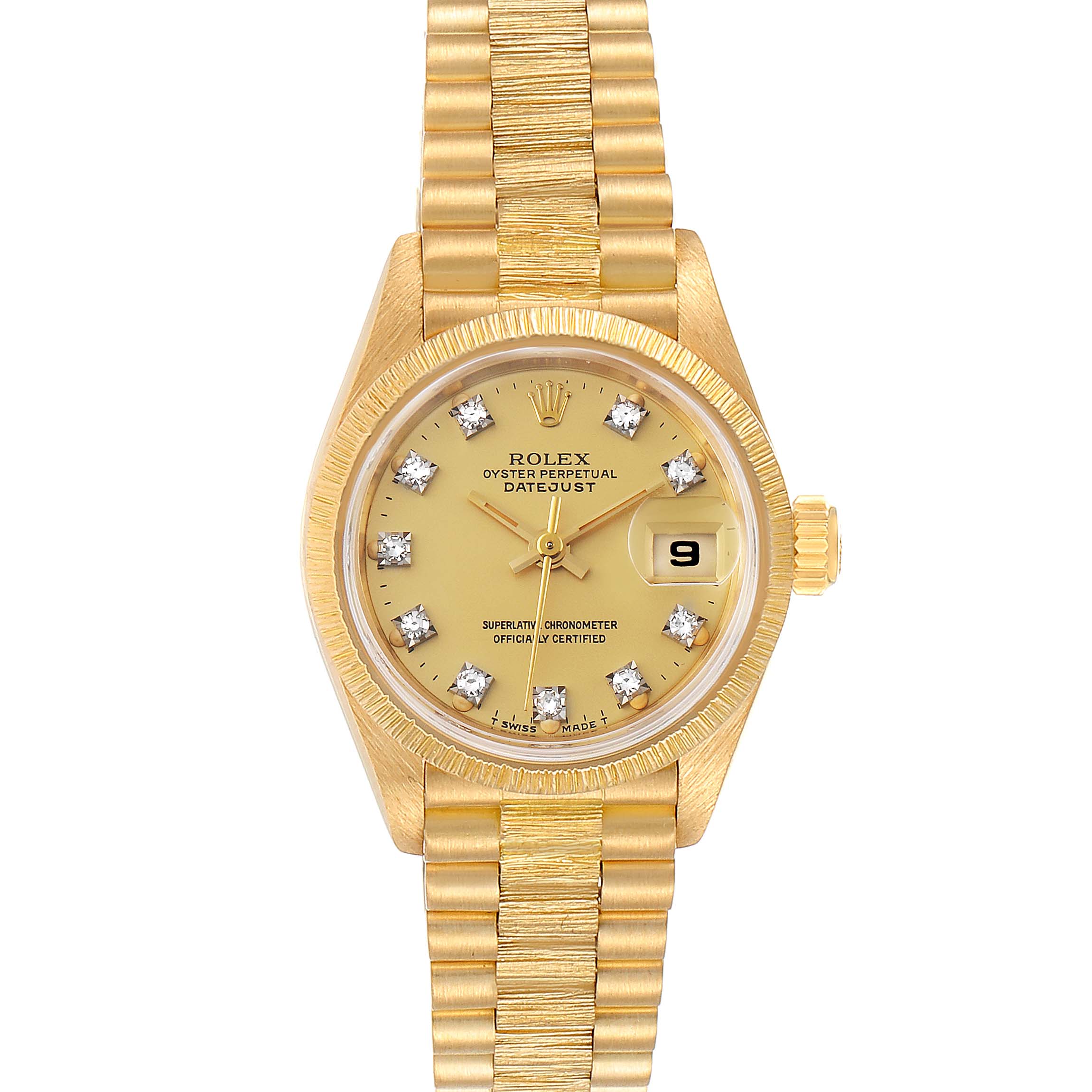 This image shows a frontal view of the Rolex President 69278 Women's Yellow Gold Champagne Dial 69278 Women's Yellow Gold Champagne Dial Datejust watch, highlighting its dial, bracelet, and date window.