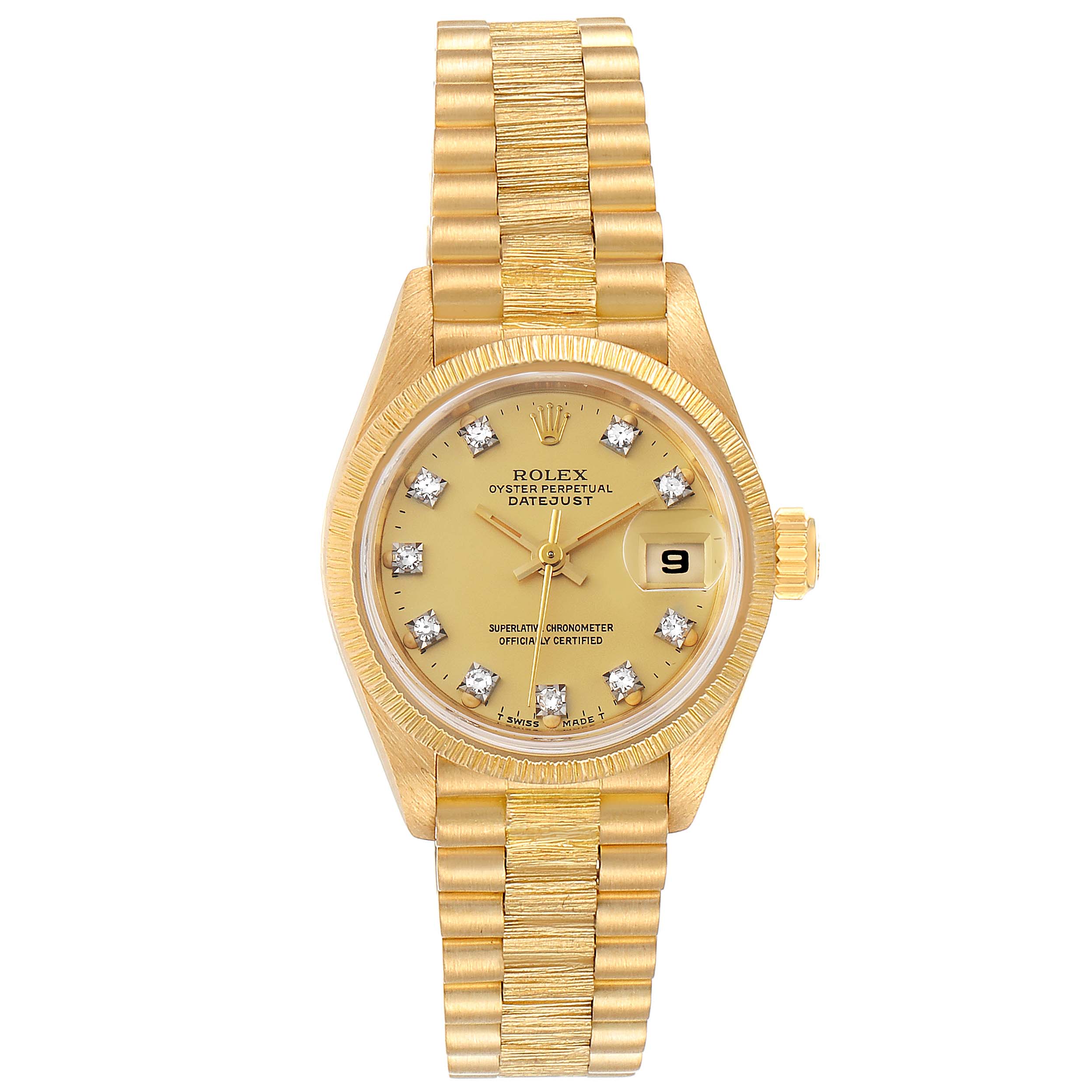 This image shows a gold Rolex President 69278 Women's Yellow Gold Champagne Dial 69278 Women's Yellow Gold Champagne Dial Datejust watch with a diamond-studded dial and a fluted bezel, viewed from the front.