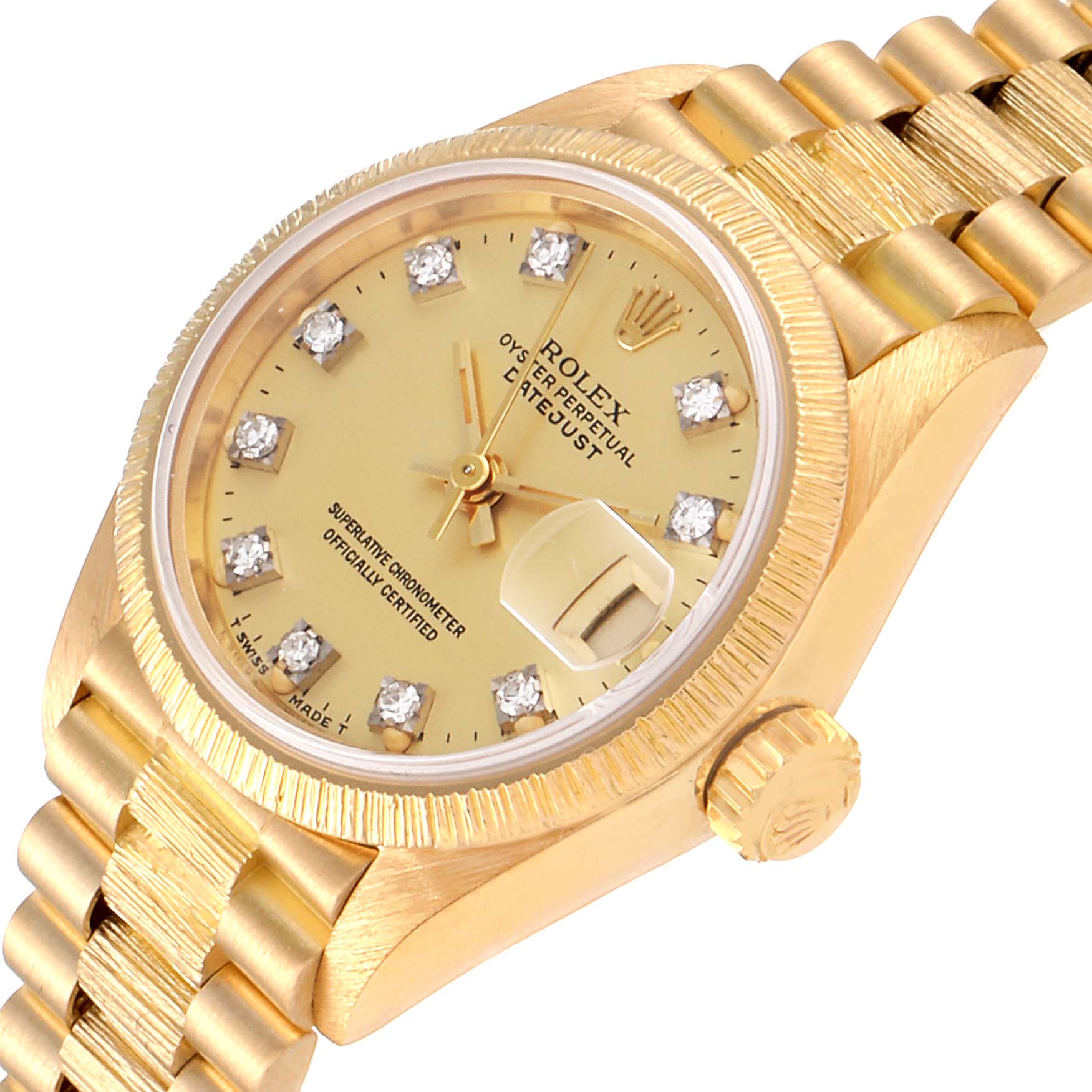 The image shows a close-up angled view of the Rolex President 69278 Women's Yellow Gold Champagne Dial 69278 Women's Yellow Gold Champagne Dial model, highlighting the dial, bezel, crown, and part of the bracelet.