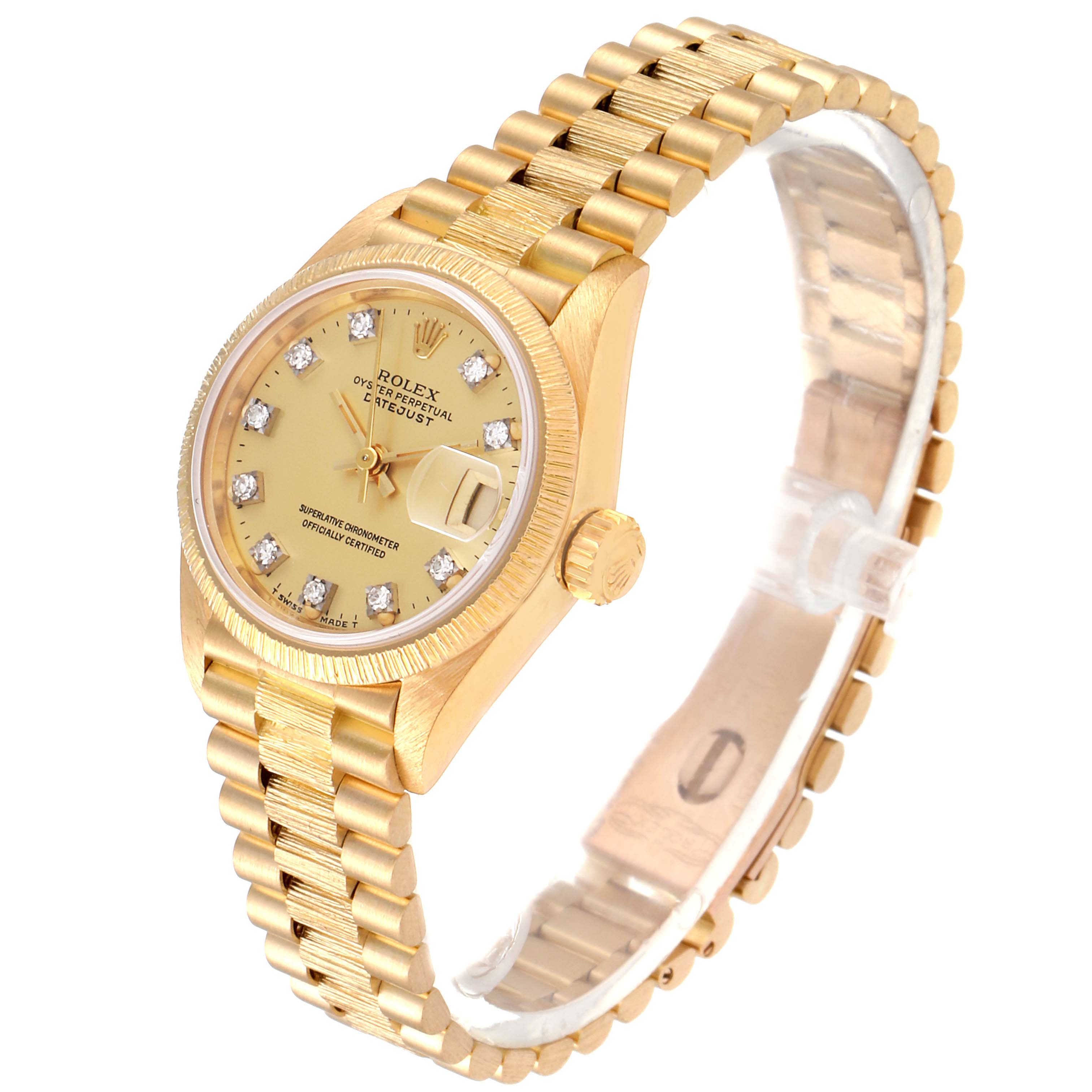 The Rolex President 69278 Women's Yellow Gold Champagne Dial 69278 Women's Yellow Gold Champagne Dial model watch is shown at a three-quarter angle, highlighting the dial, bracelet, and crown.