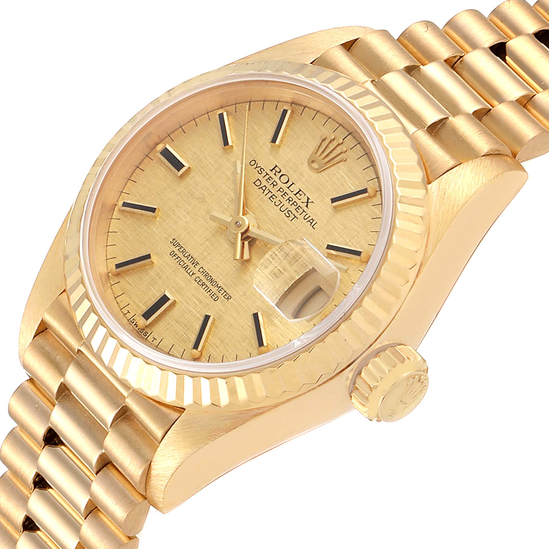 This image shows a close-up angle of the dial, case, bezel, crown, and part of the bracelet of a Rolex President 69178 Women's Yellow Gold Champagne Dial 69178 Women's Yellow Gold Champagne Dial model watch.