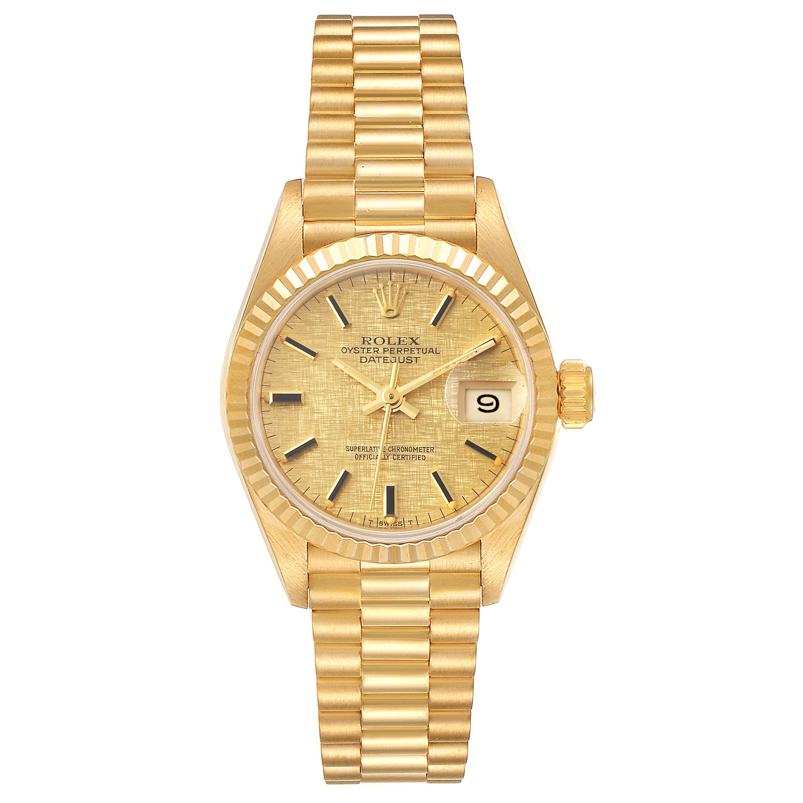 The image shows a front view of a Rolex President 69178 Women's Yellow Gold Champagne Dial 69178 Women's Yellow Gold Champagne Dial model watch, displaying its dial, bezel, crown, and bracelet.