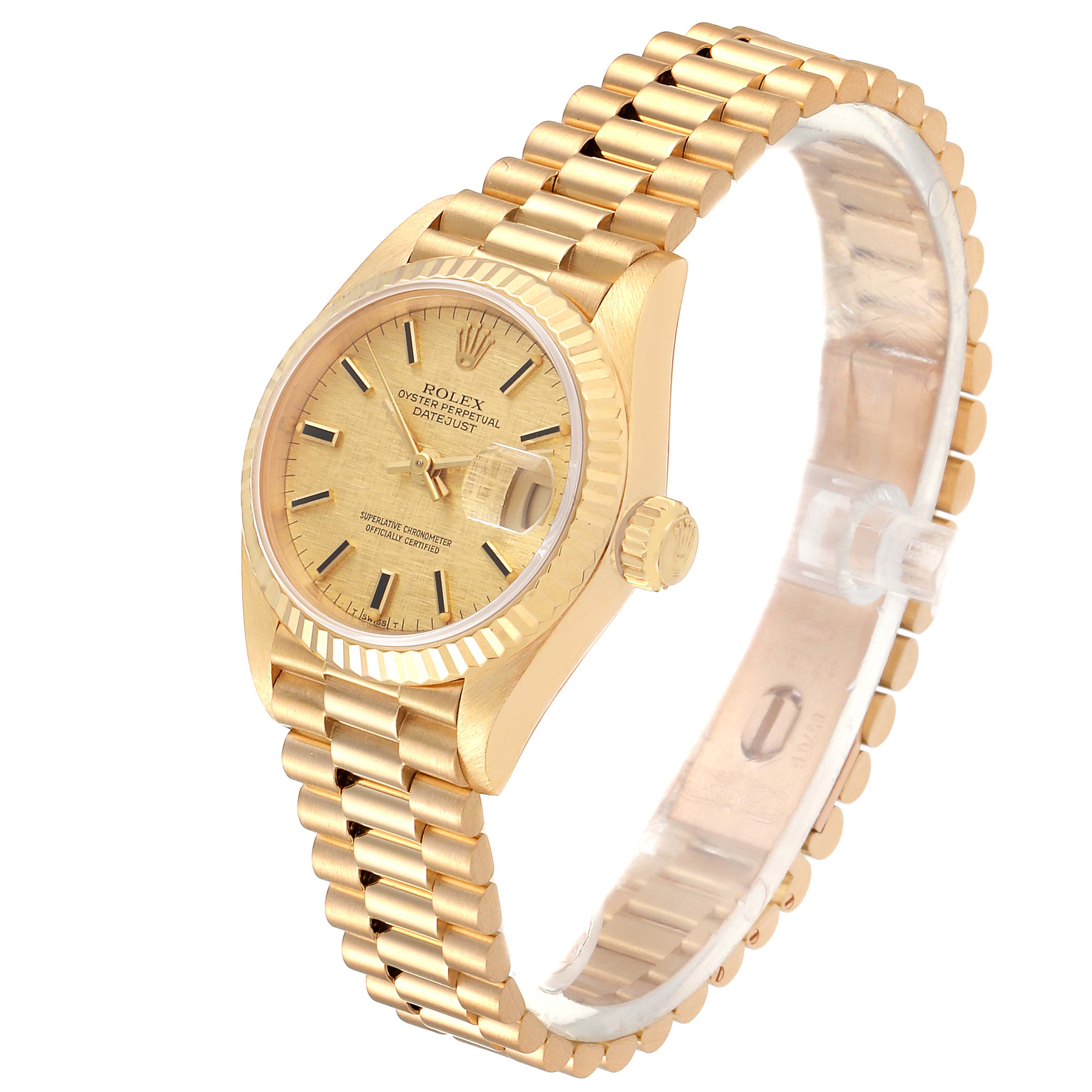 The image shows a Rolex President 69178 Women's Yellow Gold Champagne Dial 69178 Women's Yellow Gold Champagne Dial model watch at a 45-degree angle, displaying the dial, bezel, and bracelet.