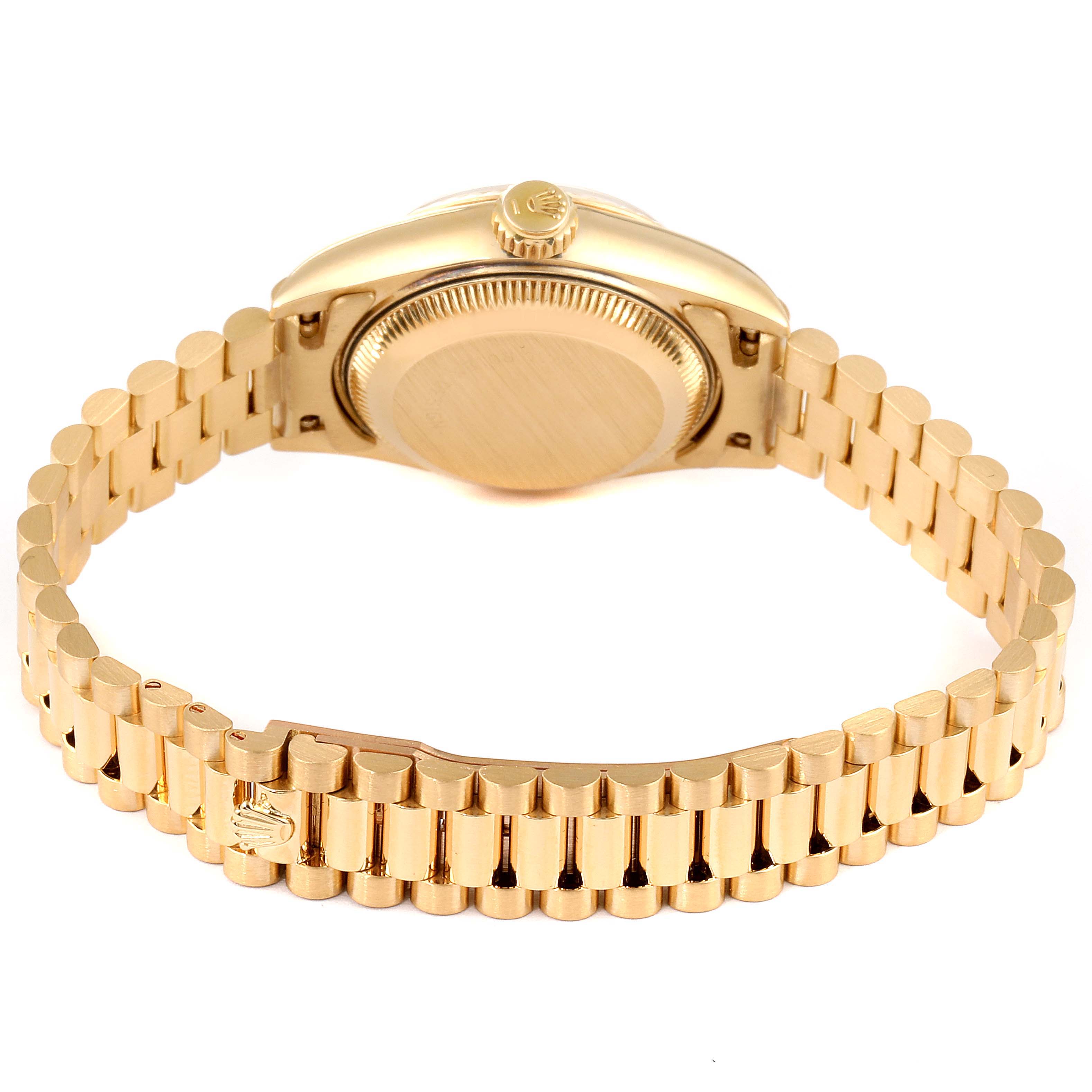 The image shows the back and bracelet of a Rolex President 69178 Women's Yellow Gold Champagne Dial 69178 Women's Yellow Gold Champagne Dial model watch, viewed from the rear.
