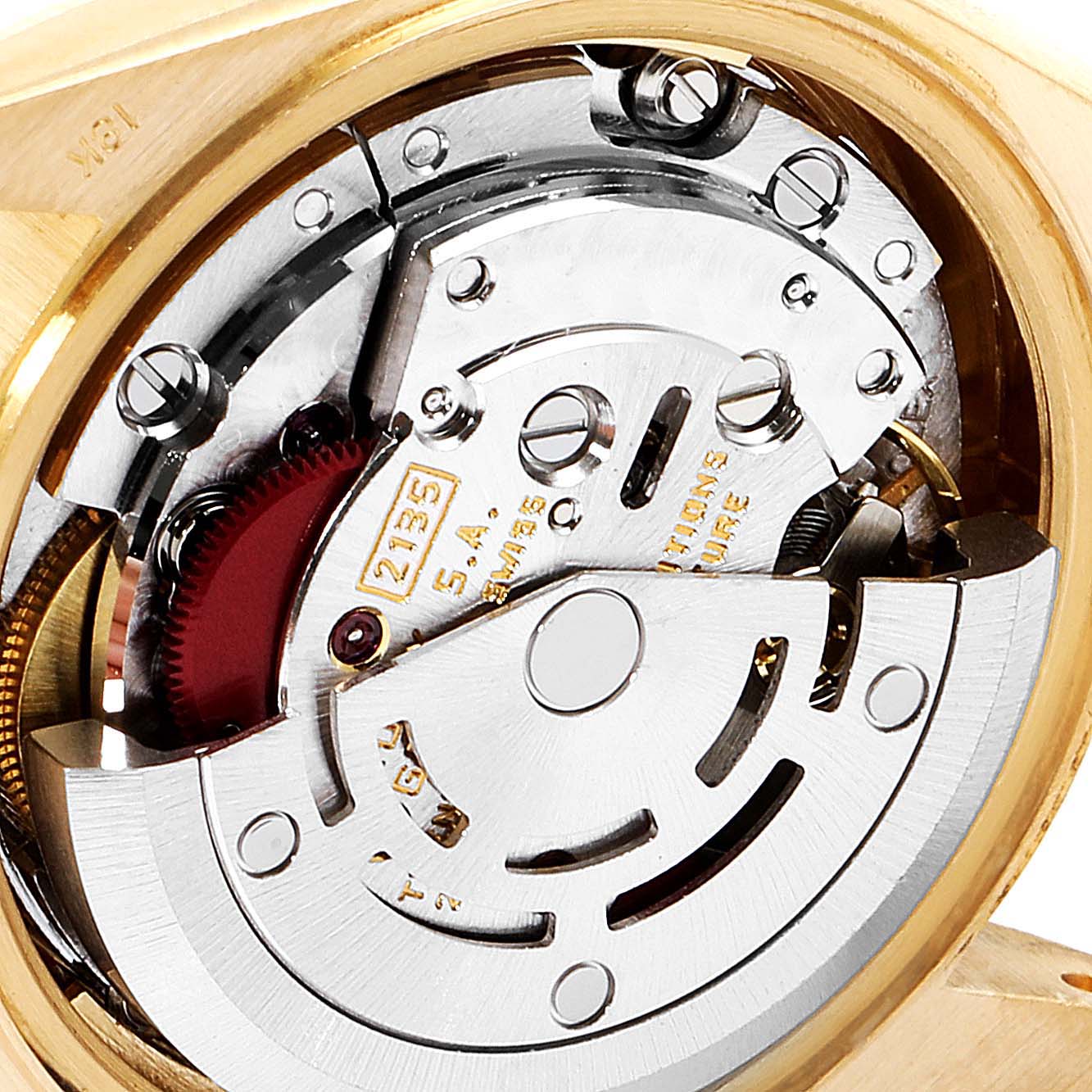 This image shows the internal mechanical movement of a Rolex President 69178 Women's Yellow Gold Champagne Dial 69178 Women's Yellow Gold Champagne Dial model watch from an angled close-up view.