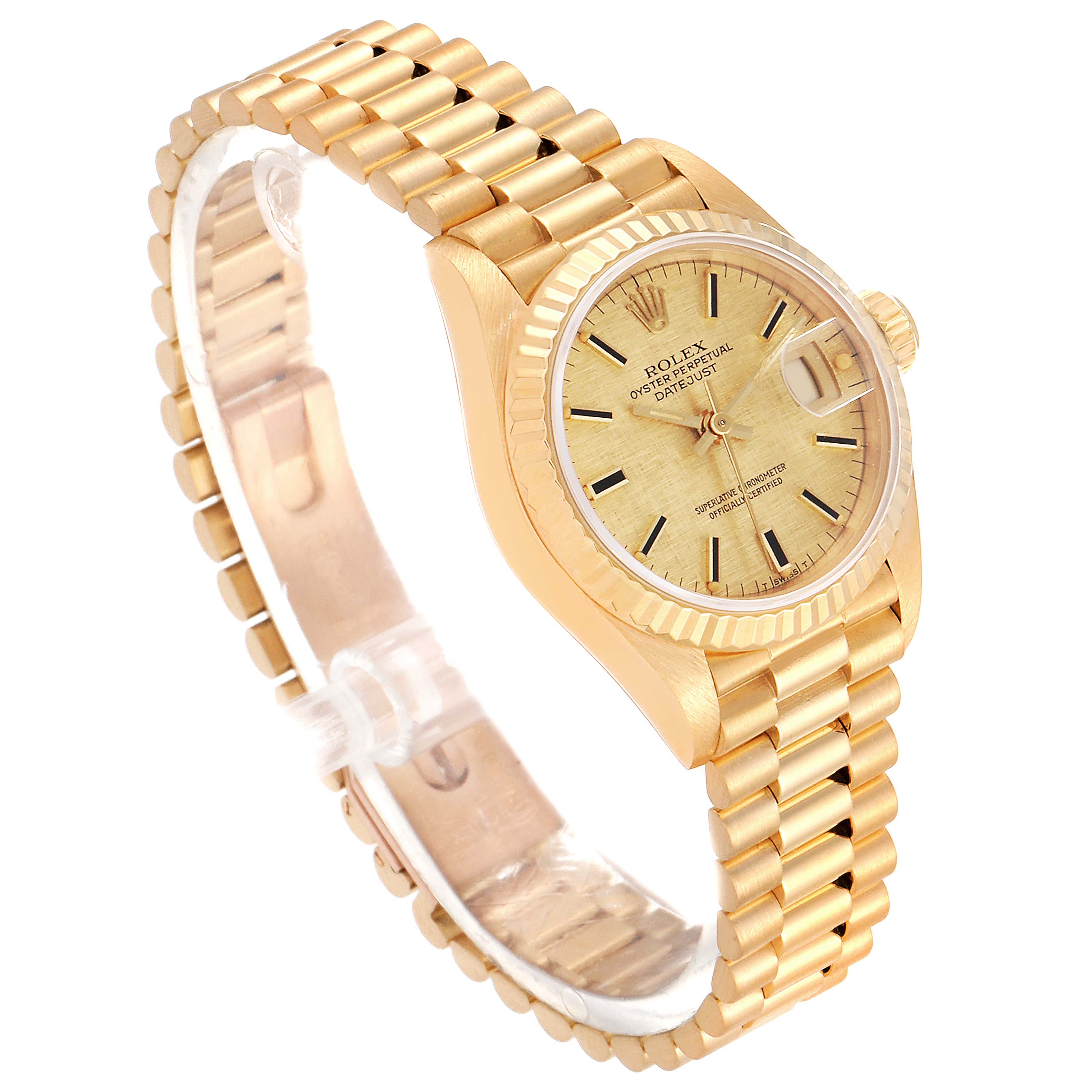 The image shows a frontal angled view of a Rolex President 69178 Women's Yellow Gold Champagne Dial 69178 Women's Yellow Gold Champagne Dial model watch, highlighting the face, band, and crown.