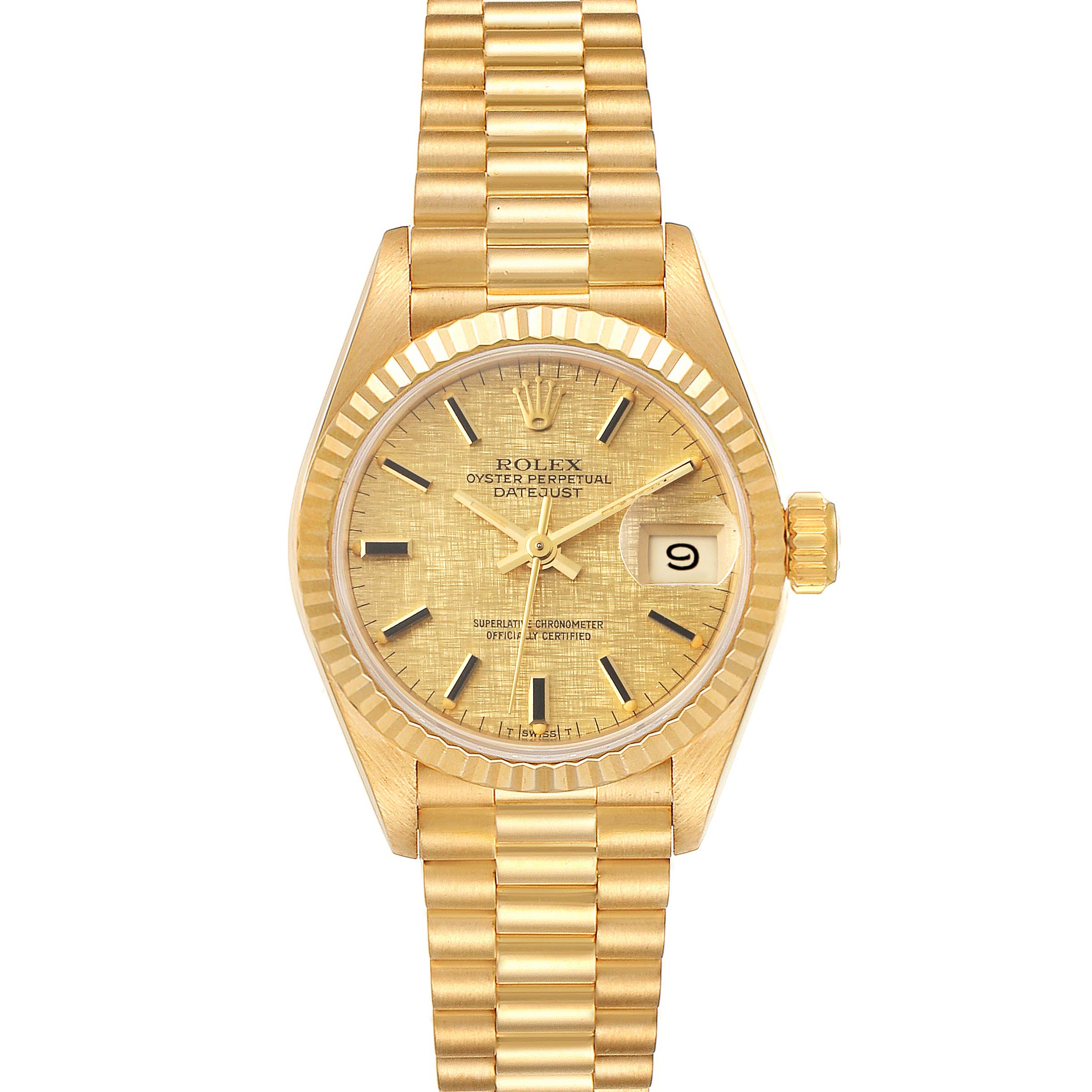 The image shows a front view of a Rolex President 69178 Women's Yellow Gold Champagne Dial 69178 Women's Yellow Gold Champagne Dial model watch, highlighting the face, bezel, and bracelet.